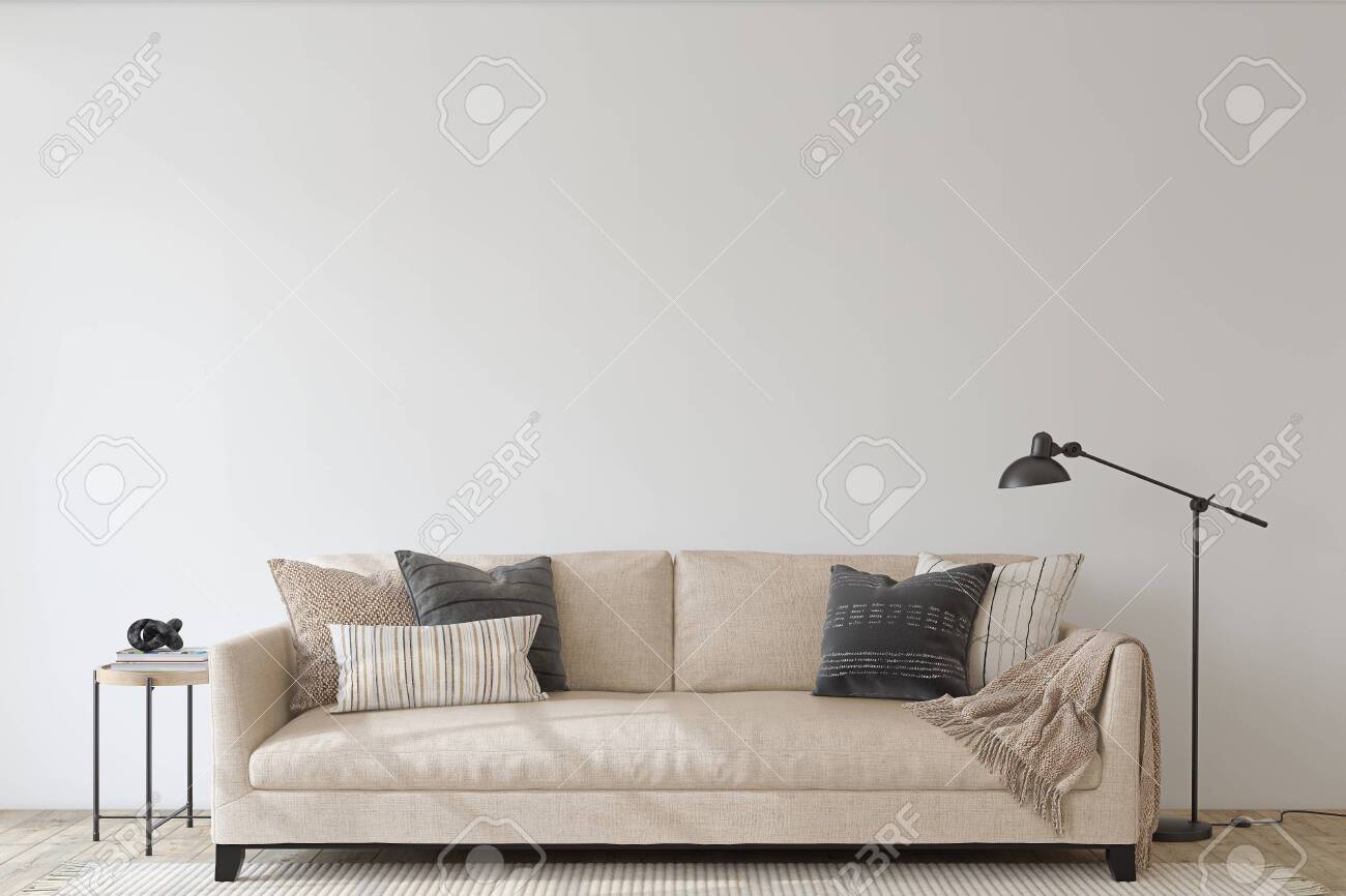 Modern living room interior. Interior mockup. The beige couch near empty white wall. 3d render. - 144428713 Modern living room interior. Interior mockup. The beige couch near empty white wall. 3d render. - 144428713