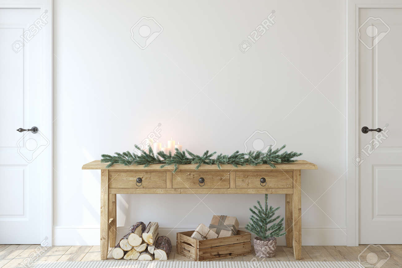 Christmas farmhouse entryway. Wooden console table near white wall. Interior mockup. 3d render. - 158569609 Christmas farmhouse entryway. Wooden console table near white wall. Interior mockup. 3d render. - 158569609