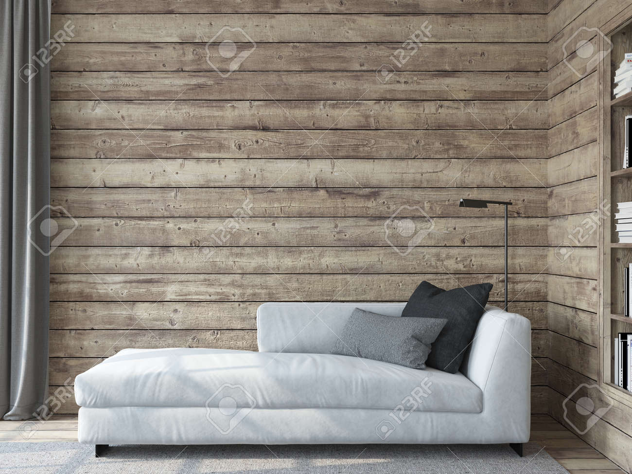 Modern living room interior. Interior mockup. The white couch near empty wooden wall. 3d render. - 163984223 Modern living room interior. Interior mockup. The white couch near empty wooden wall. 3d render. - 163984223
