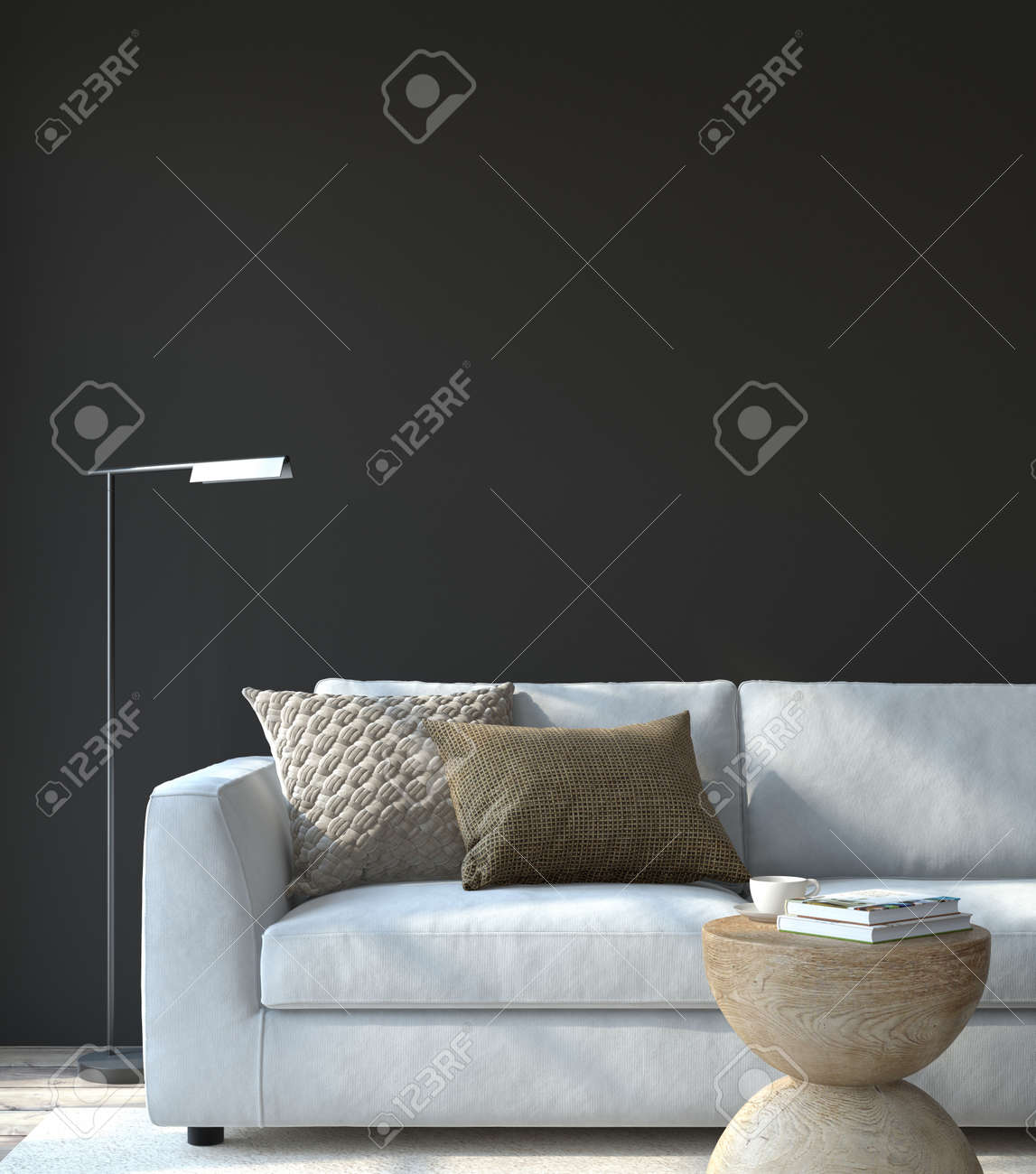 Modern living room interior. Interior mockup. The white couch near empty black wall. 3d render. - 164758486 Modern living room interior. Interior mockup. The white couch near empty black wall. 3d render. - 164758486