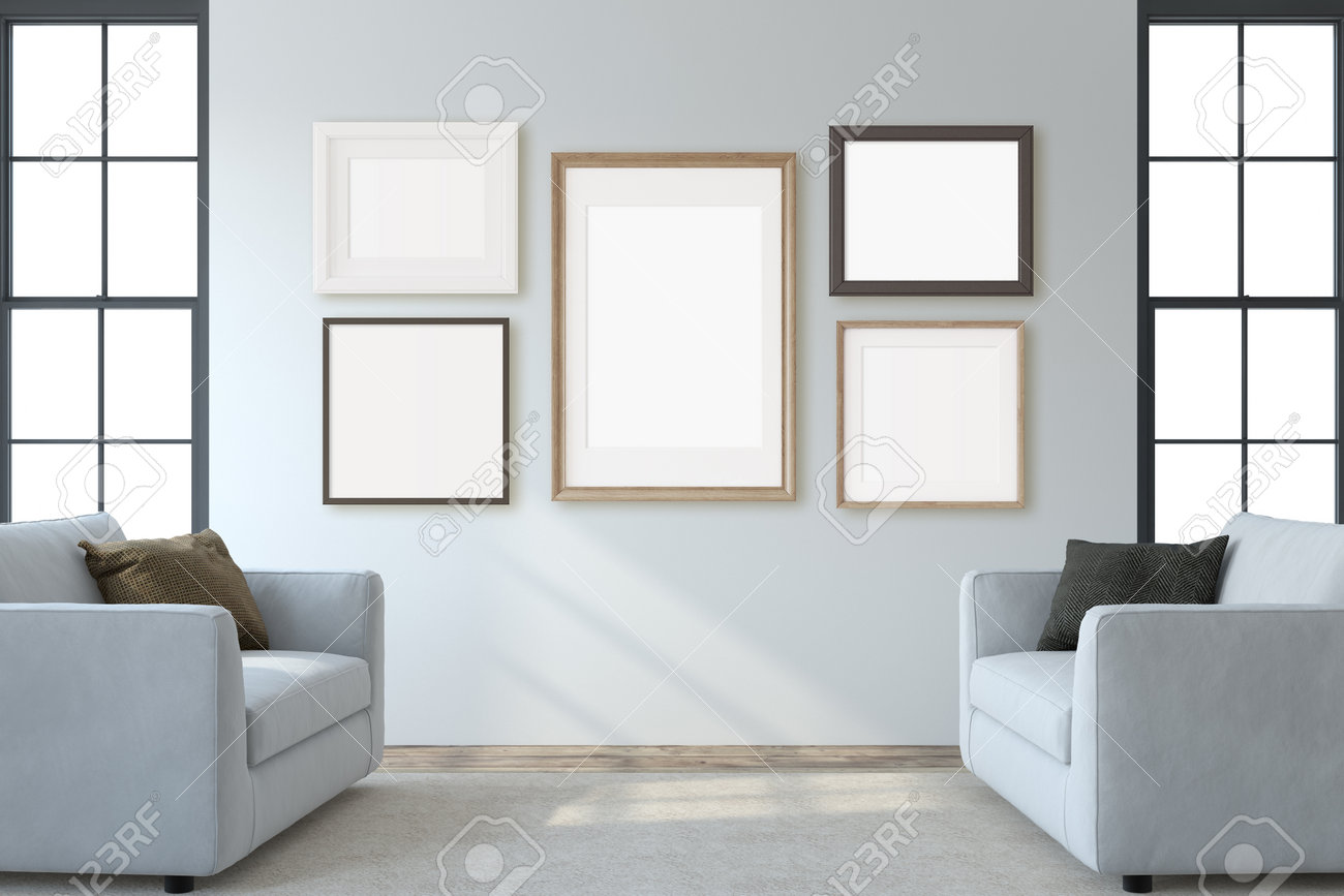 Modern living room interior. Interior and frame mockup. Two white armchaira near white wall. 3d render. - 164758573 Modern living room interior. Interior and frame mockup. Two white armchaira near white wall. 3d render. - 164758573