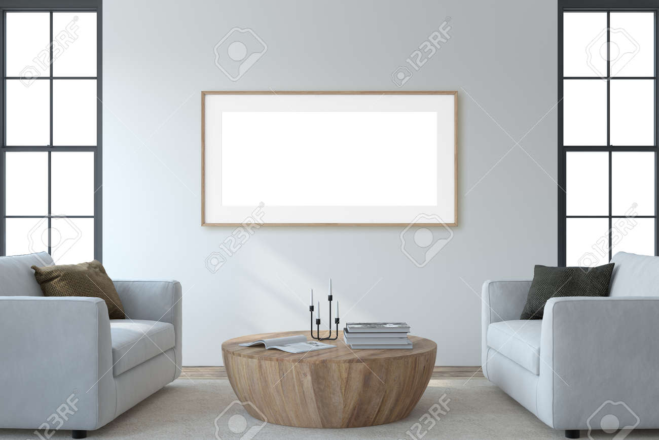 Modern living room interior. Interior and frame mockup. Two white armchaira near white wall. 3d render. - 164758737 Modern living room interior. Interior and frame mockup. Two white armchaira near white wall. 3d render. - 164758737