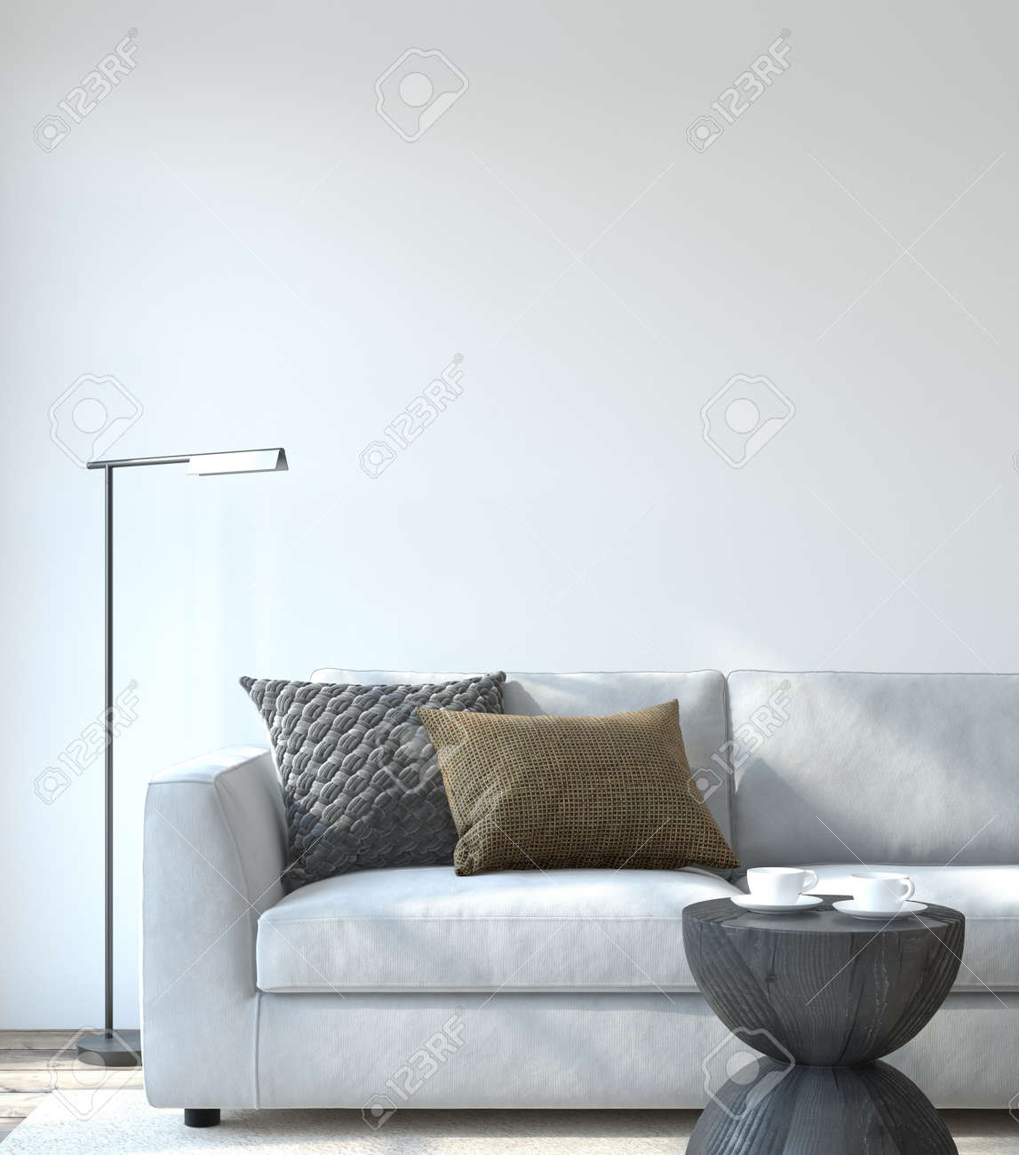 Modern living room interior. Interior mockup. The white couch near empty white wall. 3d render. - 164758635 Modern living room interior. Interior mockup. The white couch near empty white wall. 3d render. - 164758635