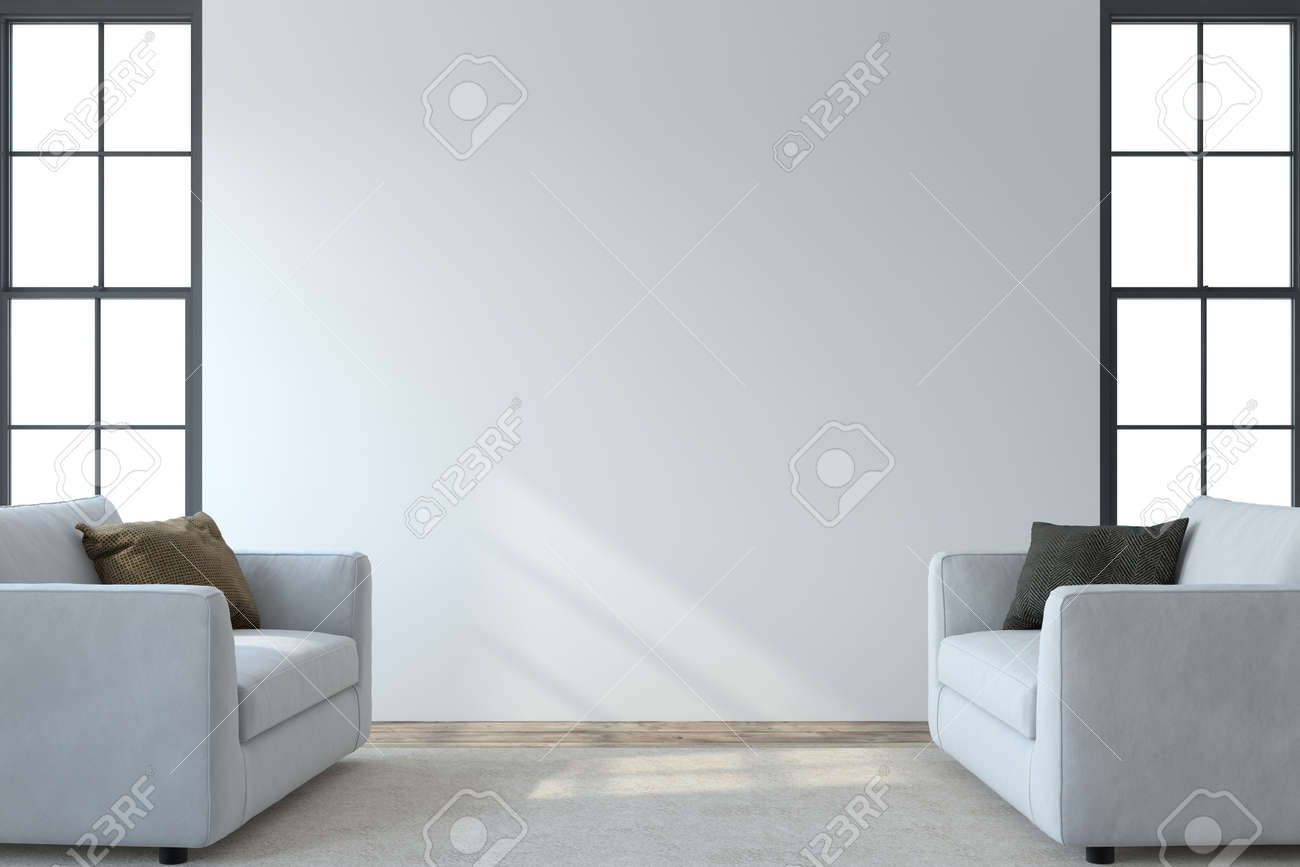 Modern living room interior. Interior mockup. Two white armchaira near empty white wall. 3d render. - 164758472 Modern living room interior. Interior mockup. Two white armchaira near empty white wall. 3d render. - 164758472