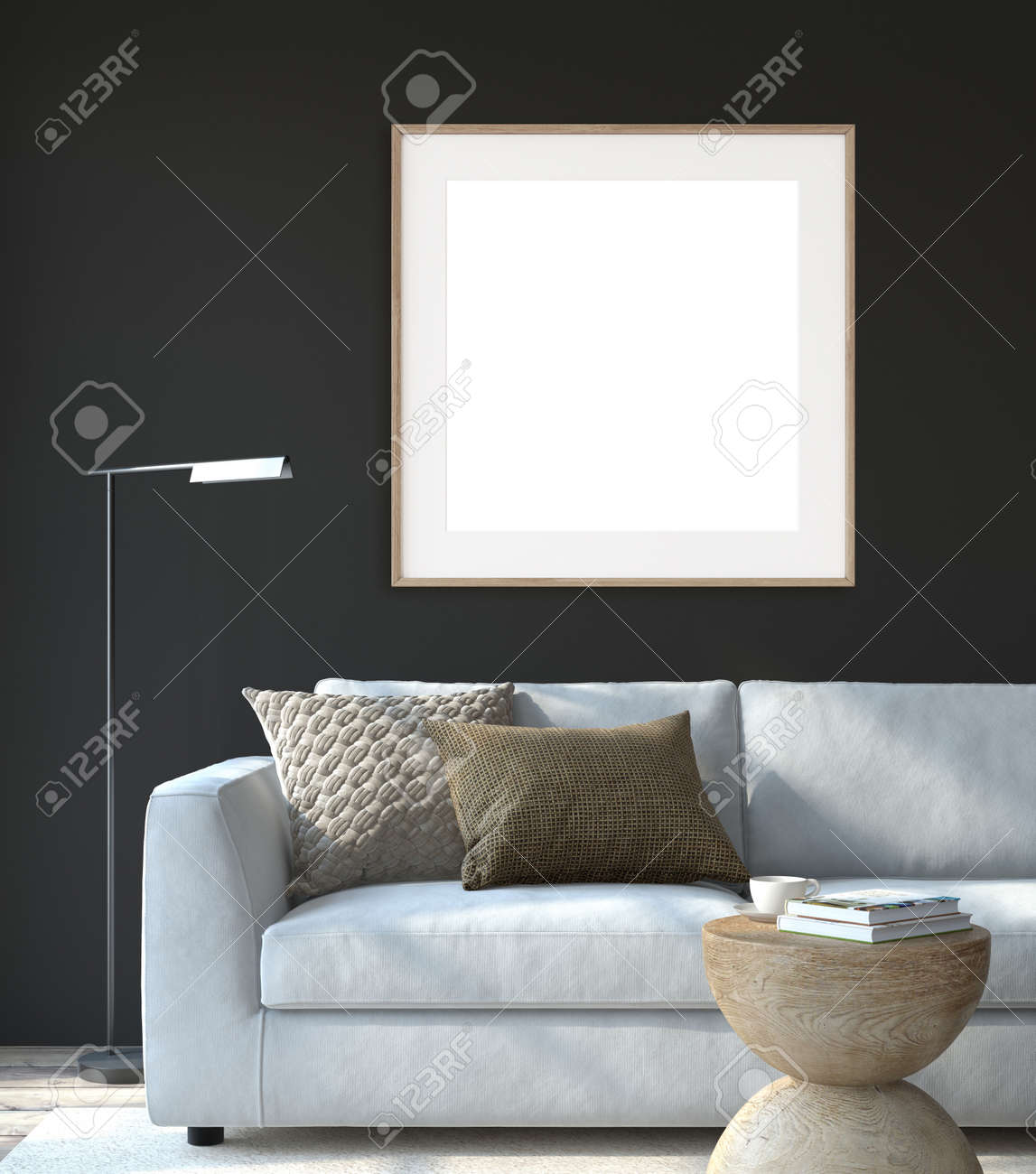 Modern living room interior. Interior and frame mockup. The white couch near black wall. 3d render. - 164758588 Modern living room interior. Interior and frame mockup. The white couch near black wall. 3d render. - 164758588
