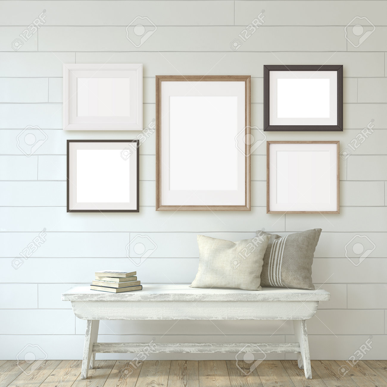 Farmhouse entryway. Wooden bench near white shiplap wall. Interior and frame mockup. 3d render. - 166273251 Farmhouse entryway. Wooden bench near white shiplap wall. Interior and frame mockup. 3d render. - 166273251