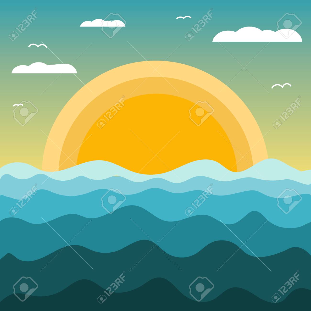 波と海の抽象的な夕日の風景 背景と黄色の太陽に雲の空とイラスト ポスター バナーなどに使用 のイラスト素材 ベクタ Image