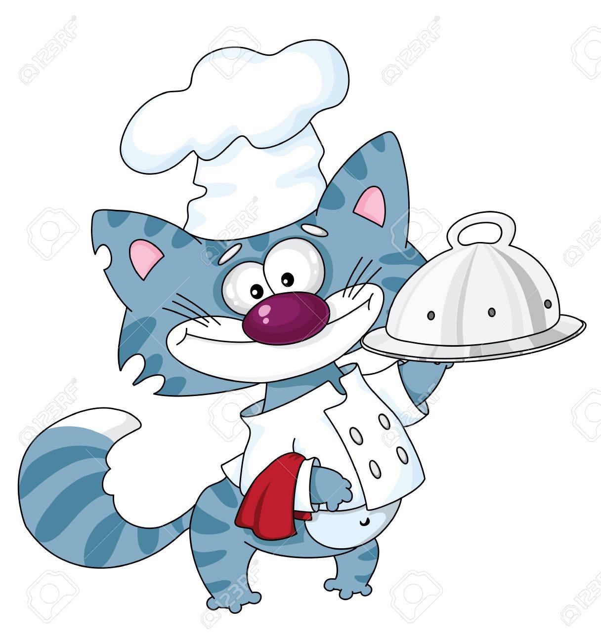 猫のトレイと料理のイラストのイラスト素材 ベクタ Image