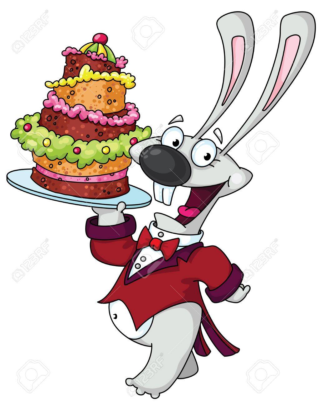 ケーキと面白いウサギのイラストのイラスト素材 ベクタ Image