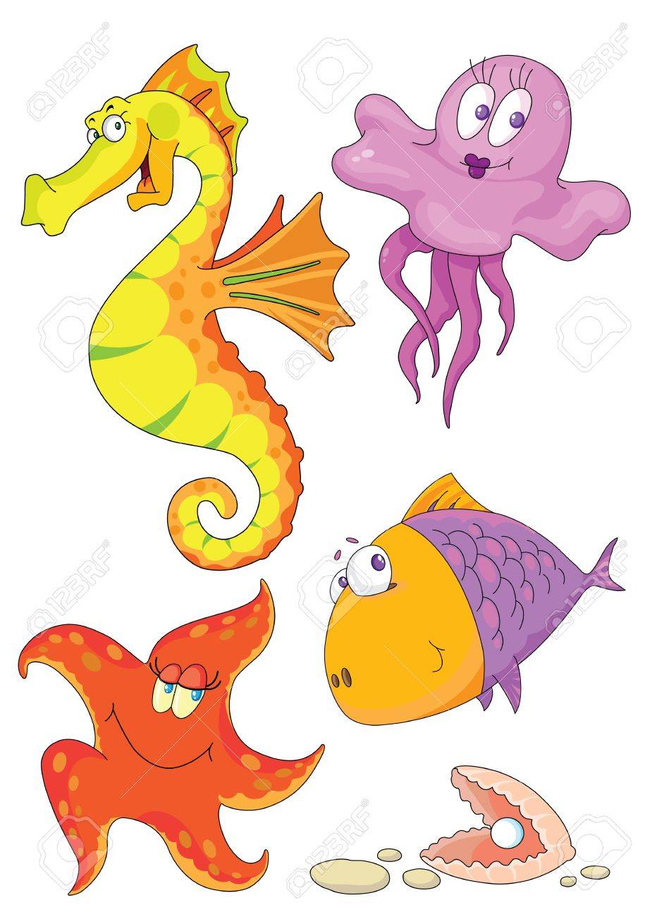 Illustration Of Different Sea Animals: Fish, Shell, Starfish, Sea-horse, Jellyfish. Royalty Free SVG, Cliparts, Vectors, And Stock Illustration. Image 11592870. Illustration Of Different Sea Animals: Fish, Shell, Starfish, Sea-horse, Jellyfish. Royalty Free SVG, Cliparts, Vectors, And Stock Illustration. Image 11592870.