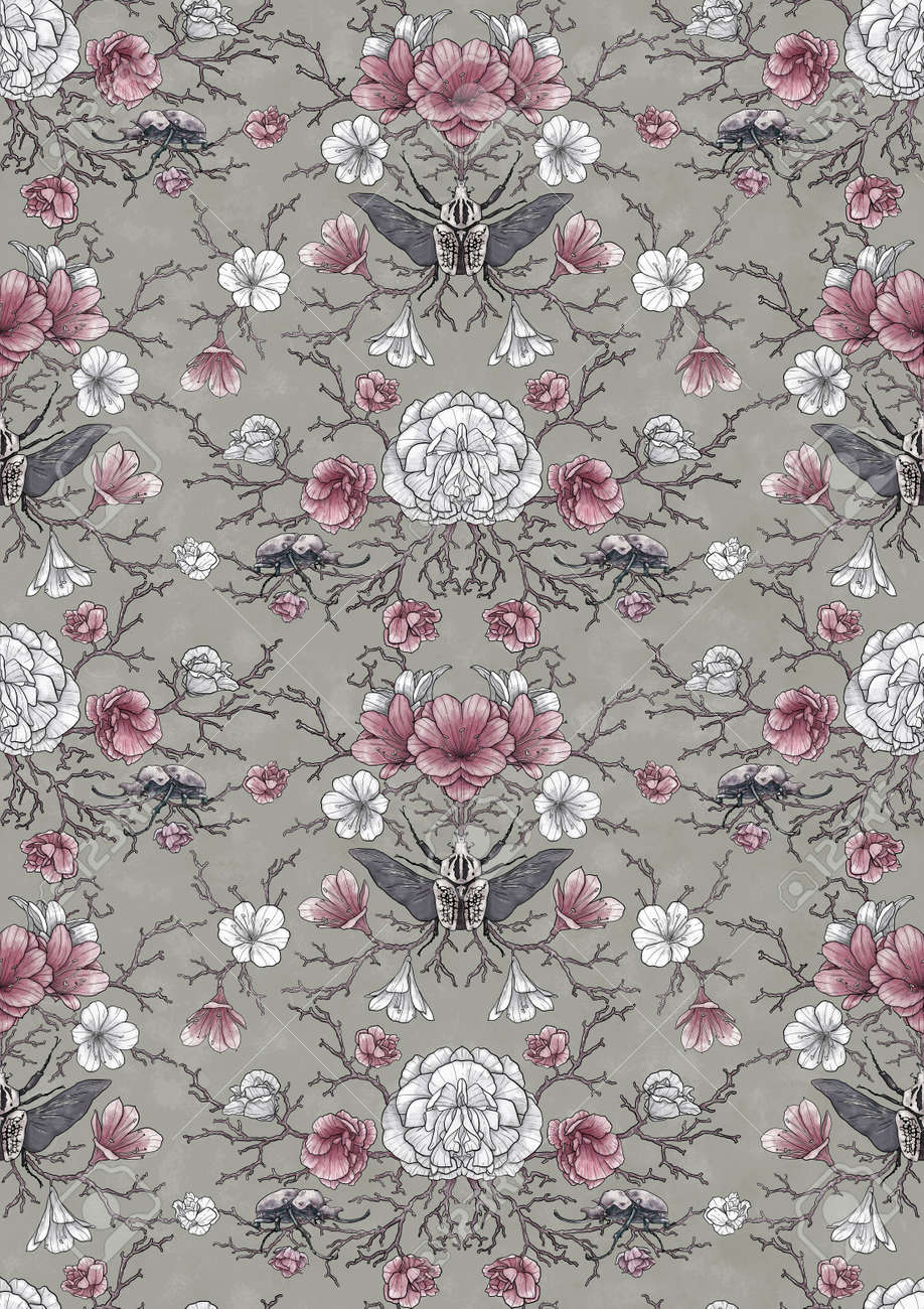 Seamless pattern, hand-drawing of intertwining branches and beautiful flowers with mysterious beetles. Solution for design fabric, wallpaper, gift paper - 159544551 Seamless pattern, hand-drawing of intertwining branches and beautiful flowers with mysterious beetles. Solution for design fabric, wallpaper, gift paper - 159544551