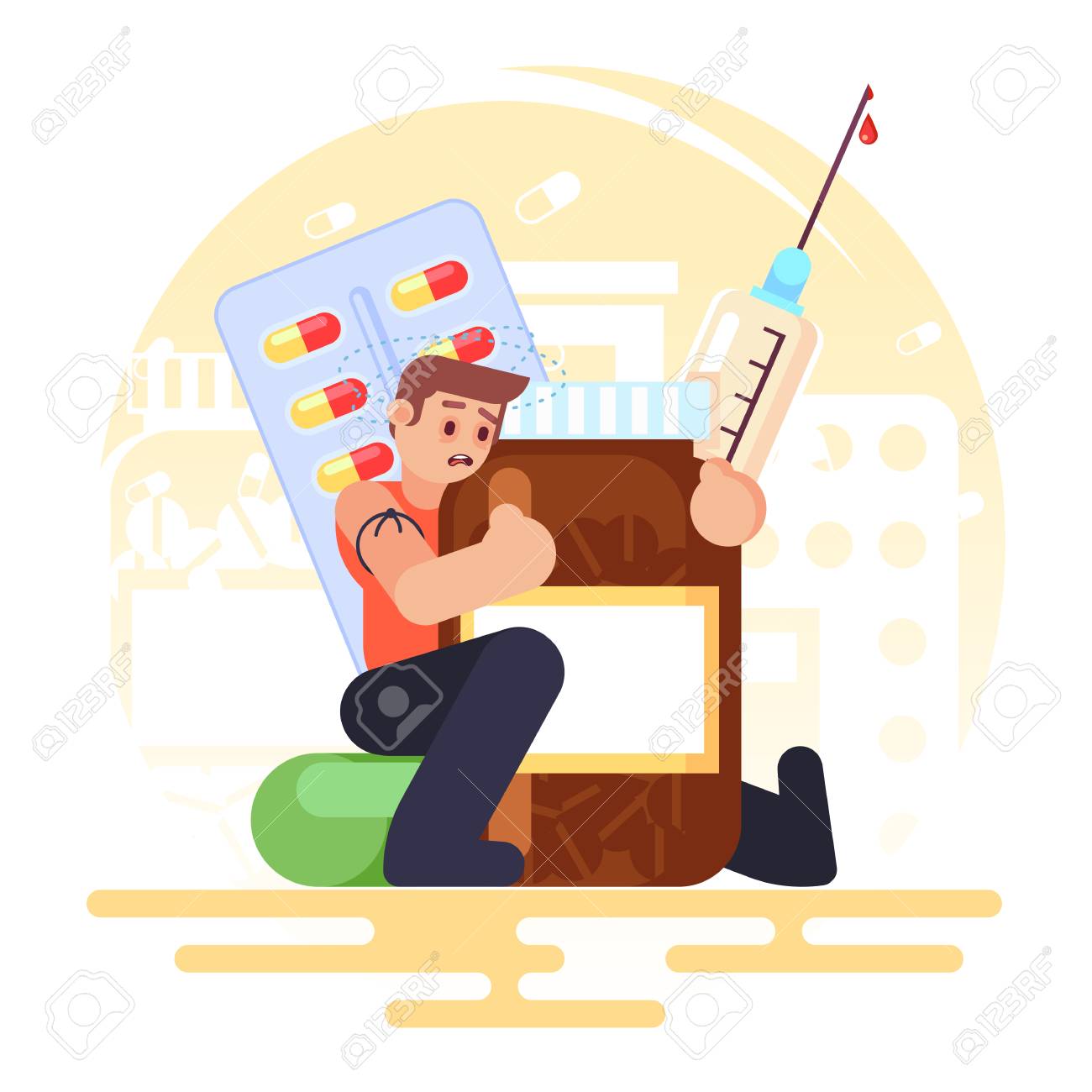 薬物中毒医療薬錠剤 ボトル 注射中毒男ベクトルカラフルなイラストでフラットスタイルの画像 のイラスト素材 ベクタ Image