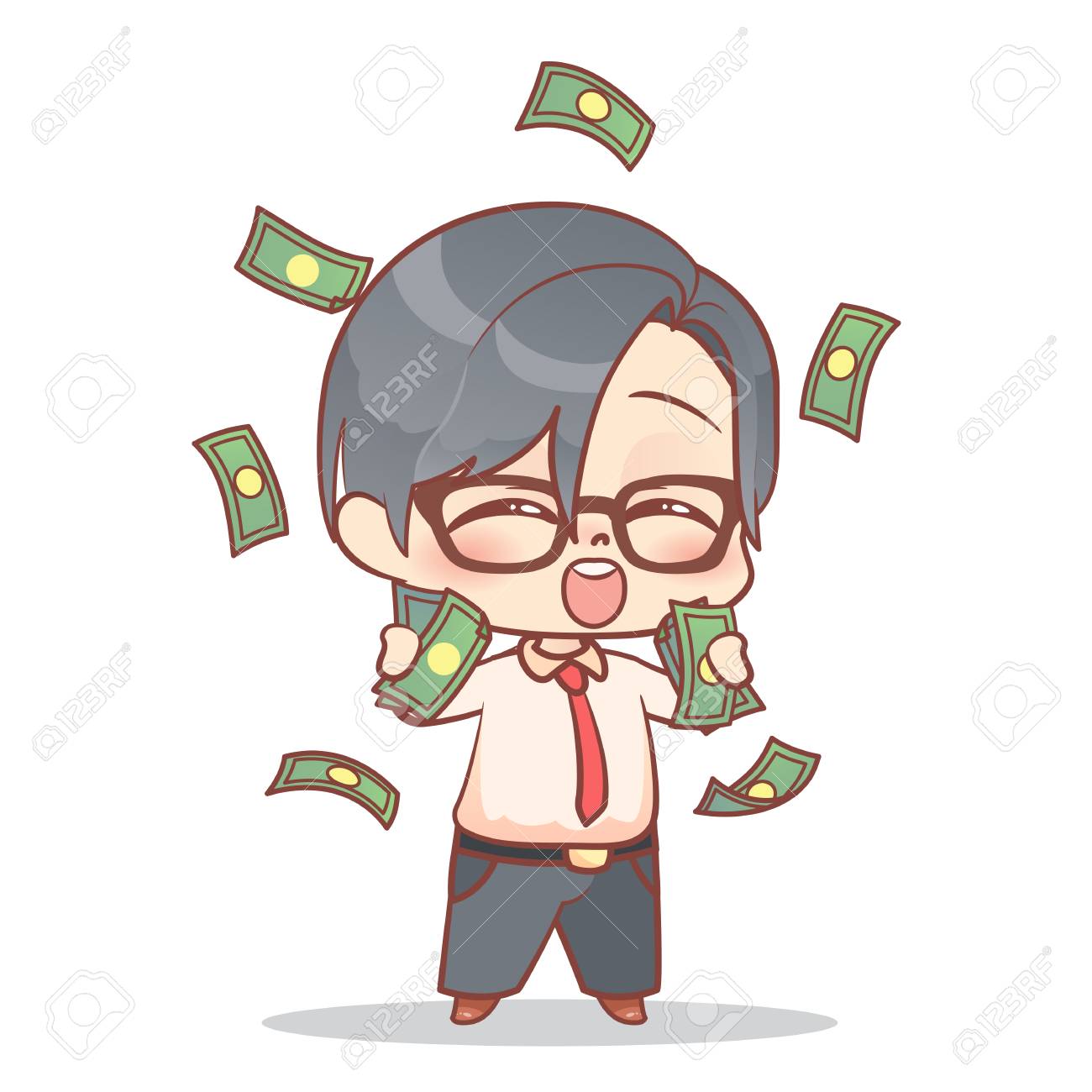ビジネスマンは お金の多くを持っている幸せです雨かわいい男の子はお金を稼ぐ 子供の貯蓄と金融ベクトル漫画可愛いイラストeps10 のイラスト素材 ベクタ Image
