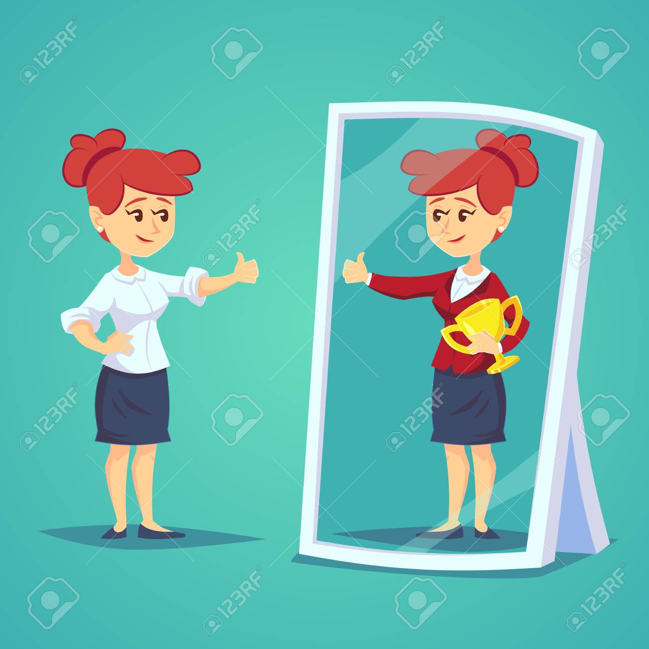 Businesswomen Standing In Front Of A Mirror Looking At Her Reflection And  Imagine Herself Successful. Business Cartoon Vector Concept Royalty Free  SVG, Cliparts, Vectors, and Stock Illustration. Image 111803939., image size:1300x1300