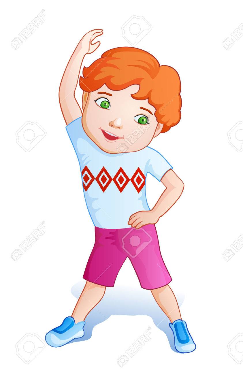 Niños De Dibujos Animados Haciendo Ejercicios. él Está Vestido Con Una Ropa Deportiva Brillante Tiene Un Muy Buen Estado De ánimo Ilustraciones Vectoriales, Clip Art Vectorizado Libre De