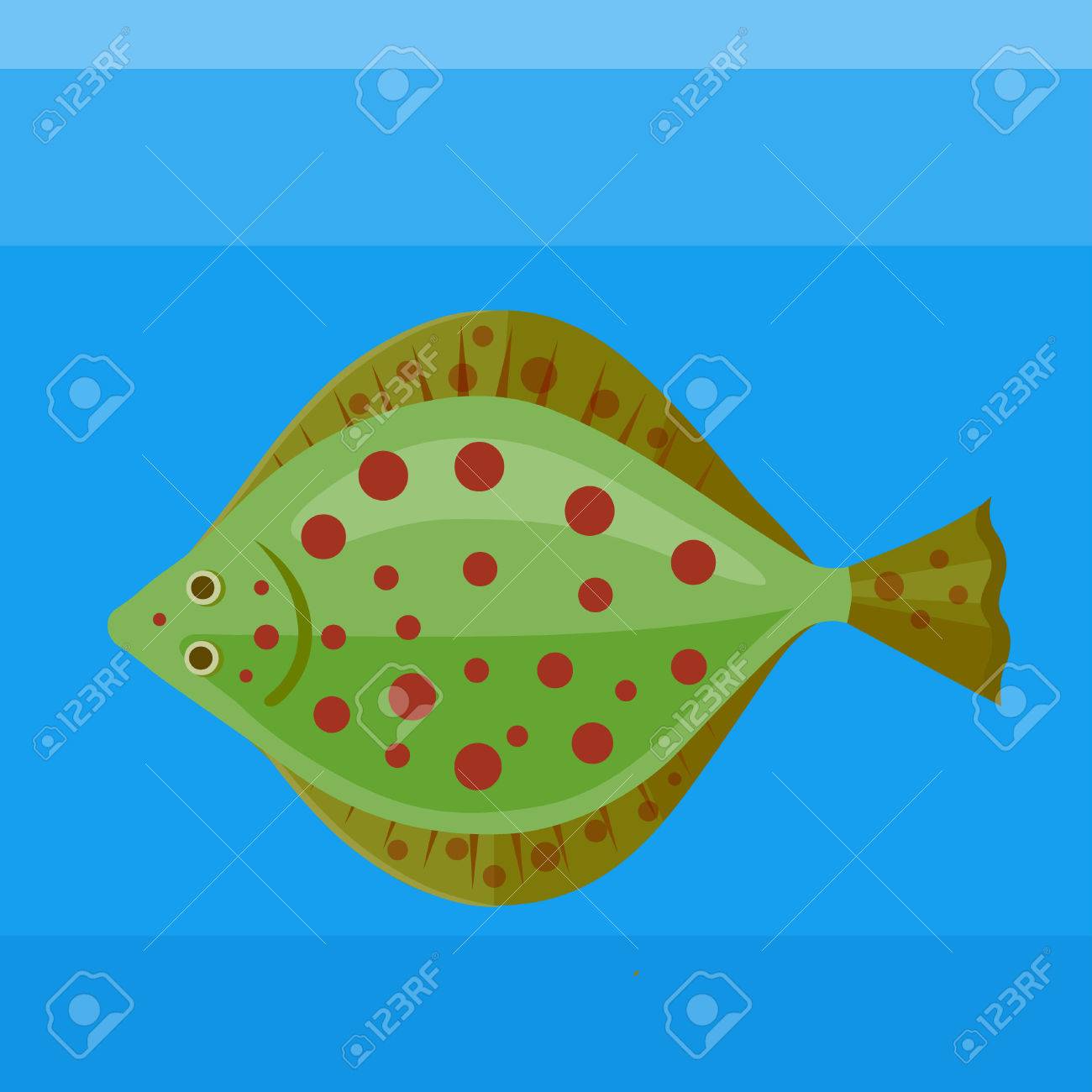 青の背景にカラフルなアイコン海魚カレイのイラスト素材 ベクタ Image