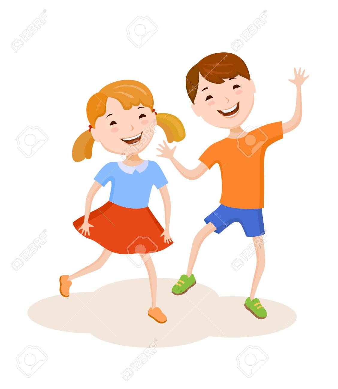 楽しい漫画の親戚の子供のカップル 若い幸せな兄とカラフルなスタイリッシュな服の妹 陽気な大清チャイルズ のイラスト素材 ベクタ Image