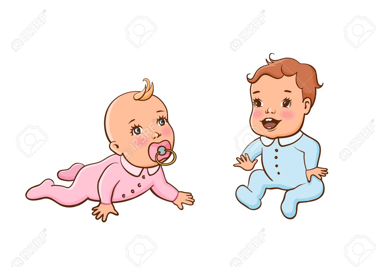 かわいい赤ちゃんとセット 小さな女の子と小さな男の子子供は這い 乳首を吸う 子供は座っていて 彼の表情は喜びです 白い背景に隔離されたカラフルなイラストベクトル のイラスト素材 ベクタ Image 91690034