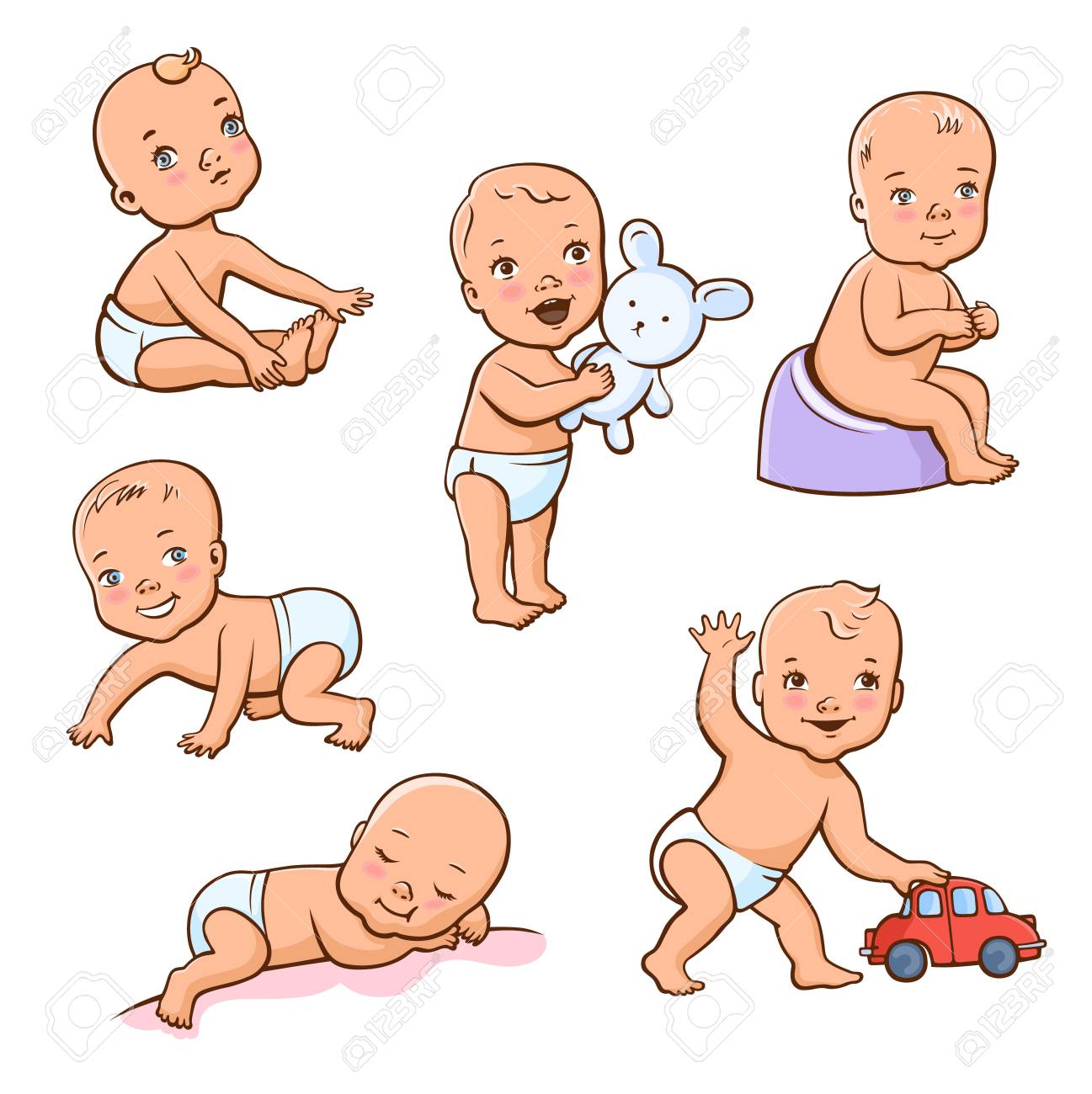 かわいい赤ちゃんとセット 1歳の子供たち子供たちはおもちゃで遊んで眠りにつき 乳首を吸う 白い背景に隔離されたカラフルなイラストベクトル のイラスト素材 ベクタ Image