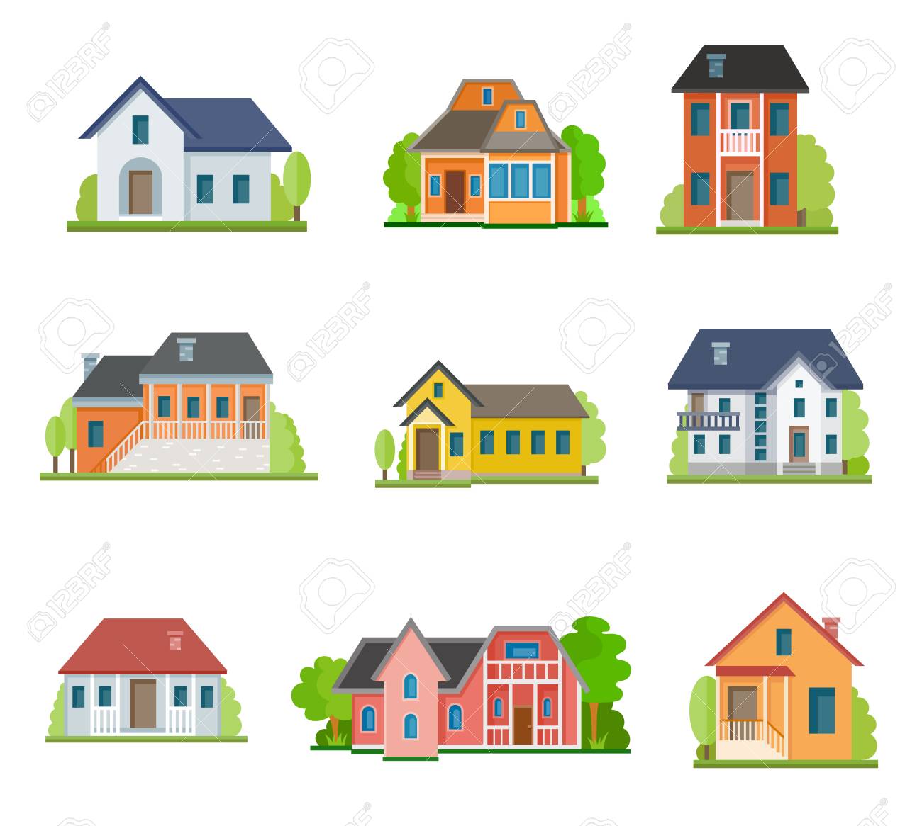 Flat House Front Icon Set Vector Illustration Different Types