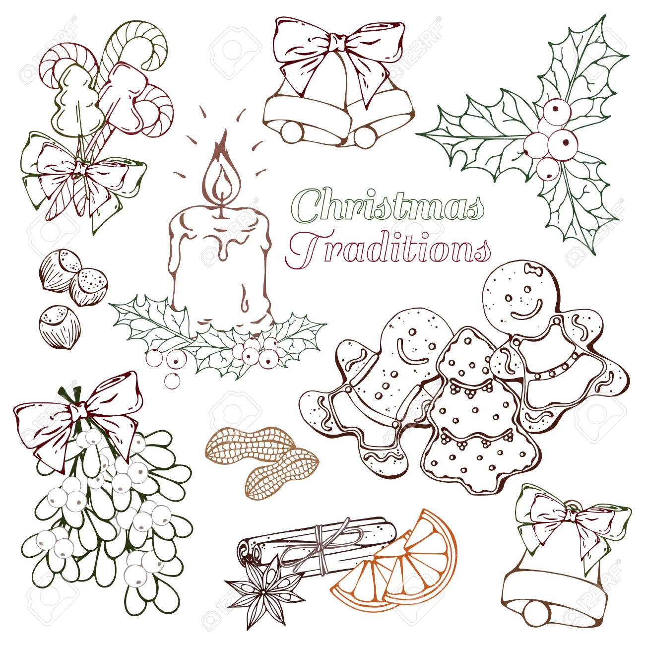 Group Of Vector Colorful Sketch Illustrations On The Christmas