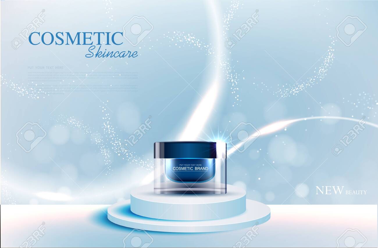 Hydrating facial skincare for annual sale or festival sale. silver blue cream mask bottle isolated on glitter particles background for product presentation. Graceful cosmetic ads, Vector illustration - 148001709 Hydrating facial skincare for annual sale or festival sale. silver blue cream mask bottle isolated on glitter particles background for product presentation. Graceful cosmetic ads, Vector illustration - 148001709