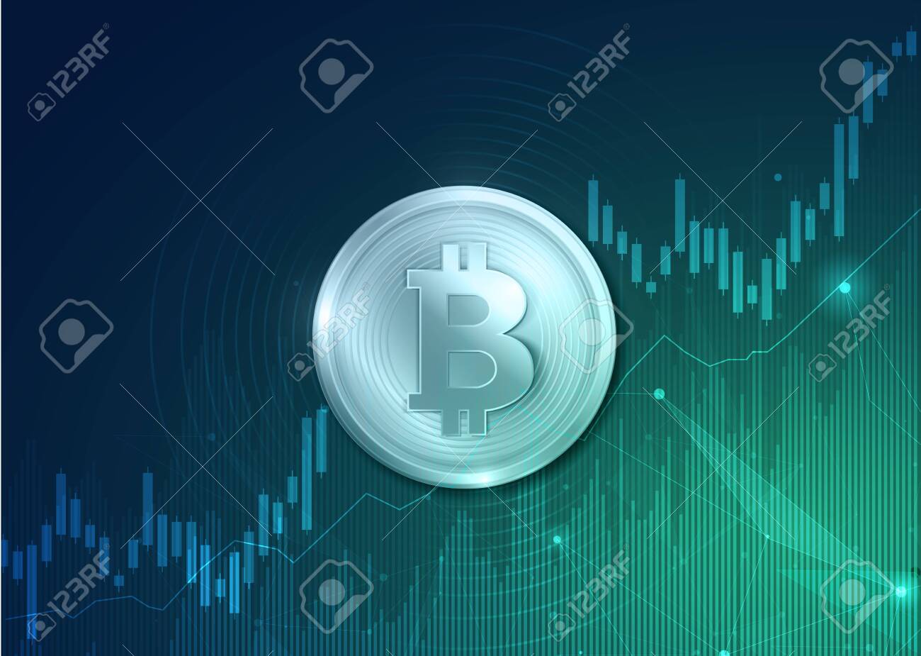 금전적 수집 또는 비즈니스에서 이익 또는 이익 창출 전략에 대한 비트코인 벡터 디자인 개념을 사용하여 황금 비트코인 위 또는 아래 소득  그래프를 통한 금융 성장 개념 로열티 무료 사진, 그림, 이미지 그리고