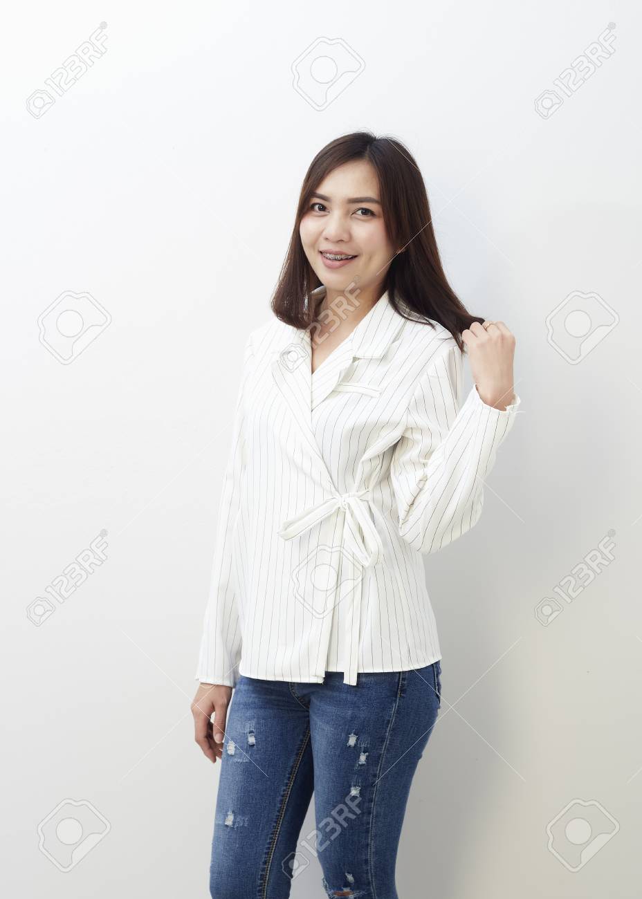 Asian Happy Teenage Woman Face Beauty Short Black Hair Jean