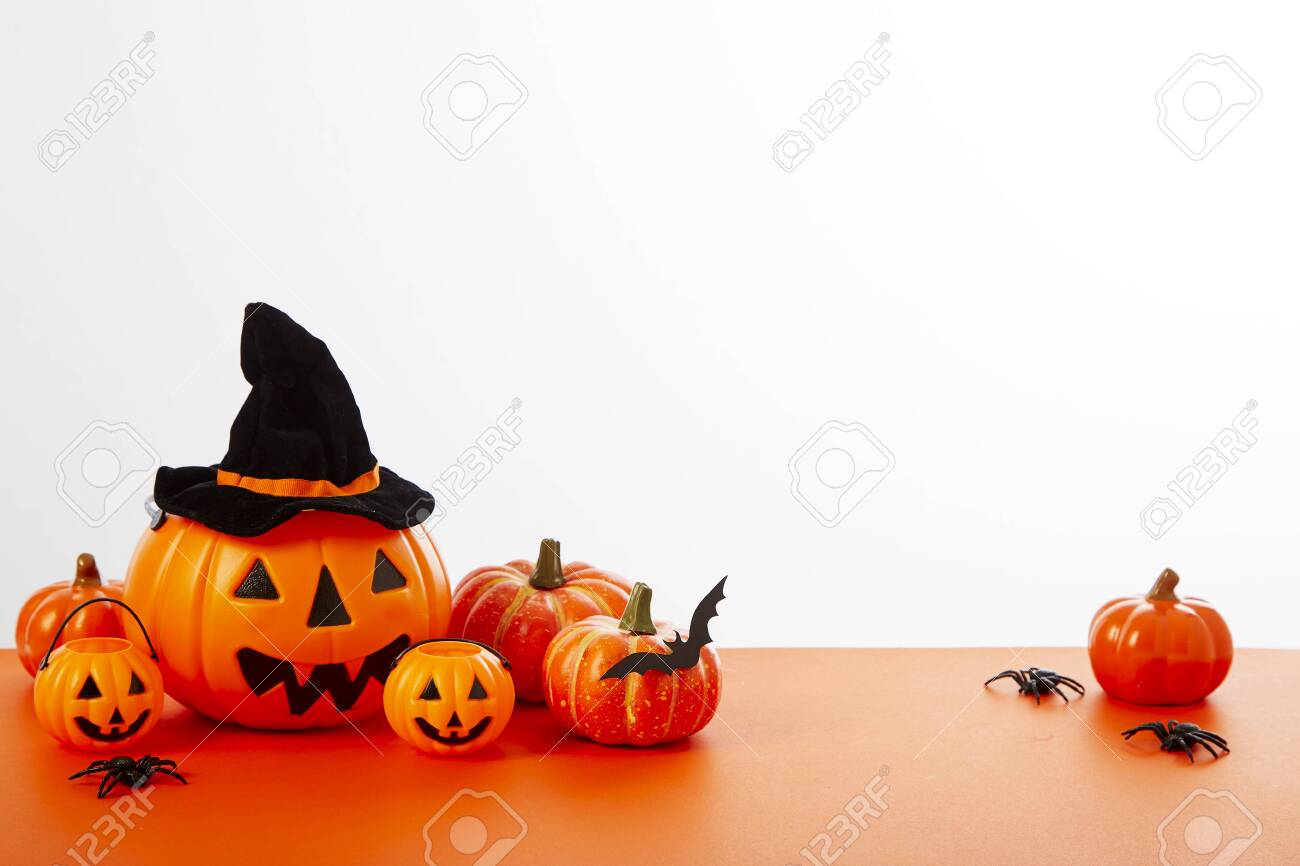 Happy Halloween Pumpkin With Festive Decorations Floor Orange