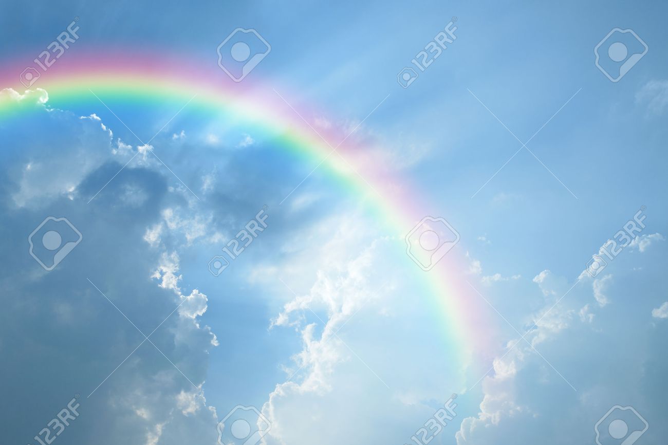 Blue sky and white cloud with sun light and rainbow - 39613885 Blue sky and white cloud with sun light and rainbow - 39613885