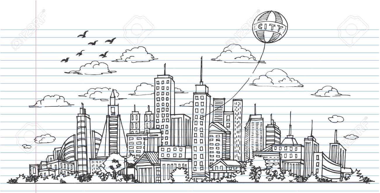 hand drawn city sketch for your design drawn in black ink on