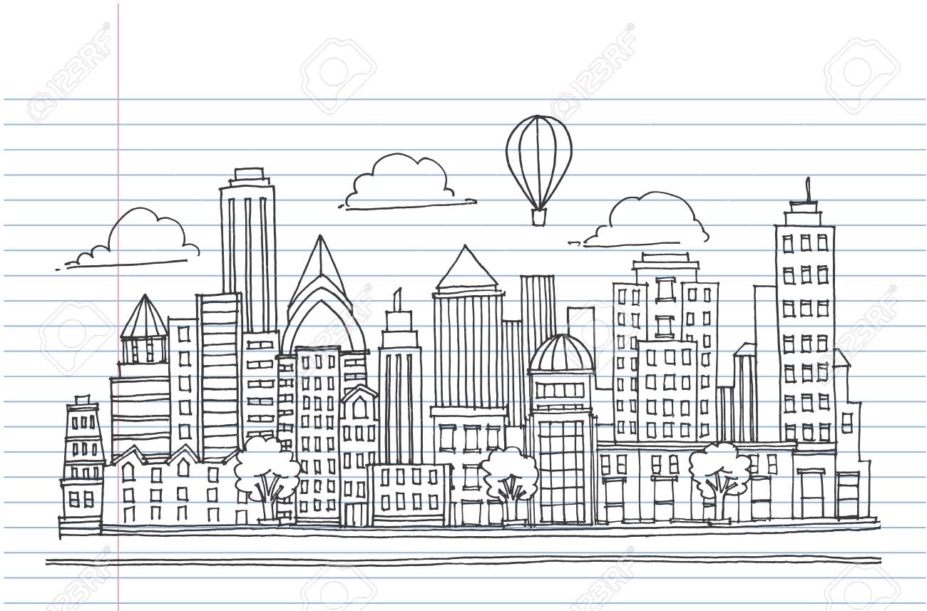 hand drawn city sketch for your design drawn in black ink on