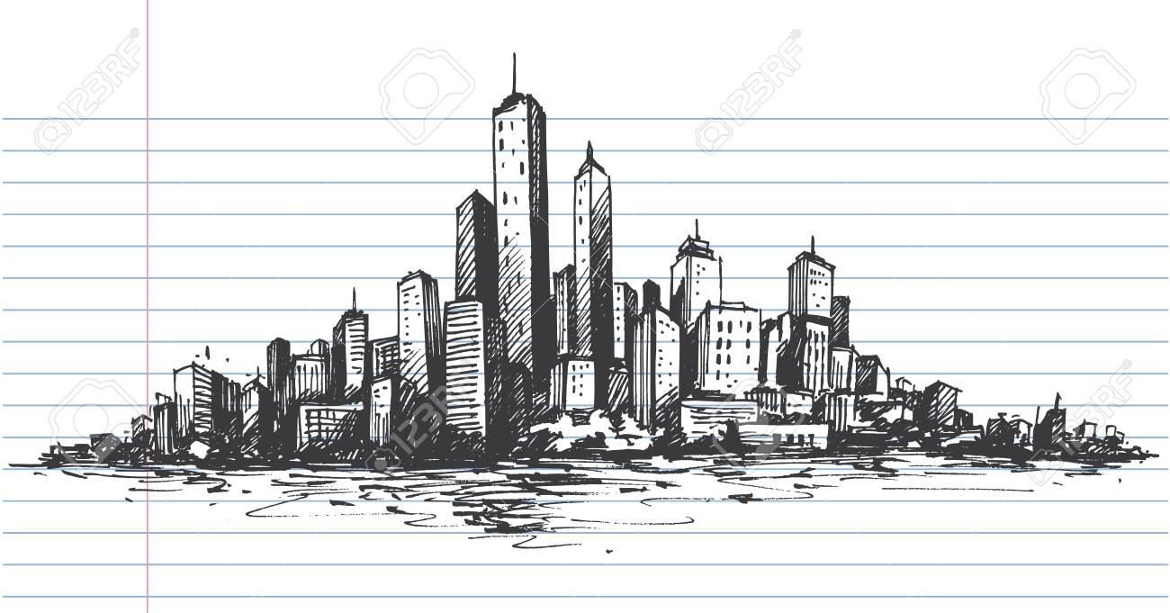 hand drawn city sketch for your design drawn in black ink on