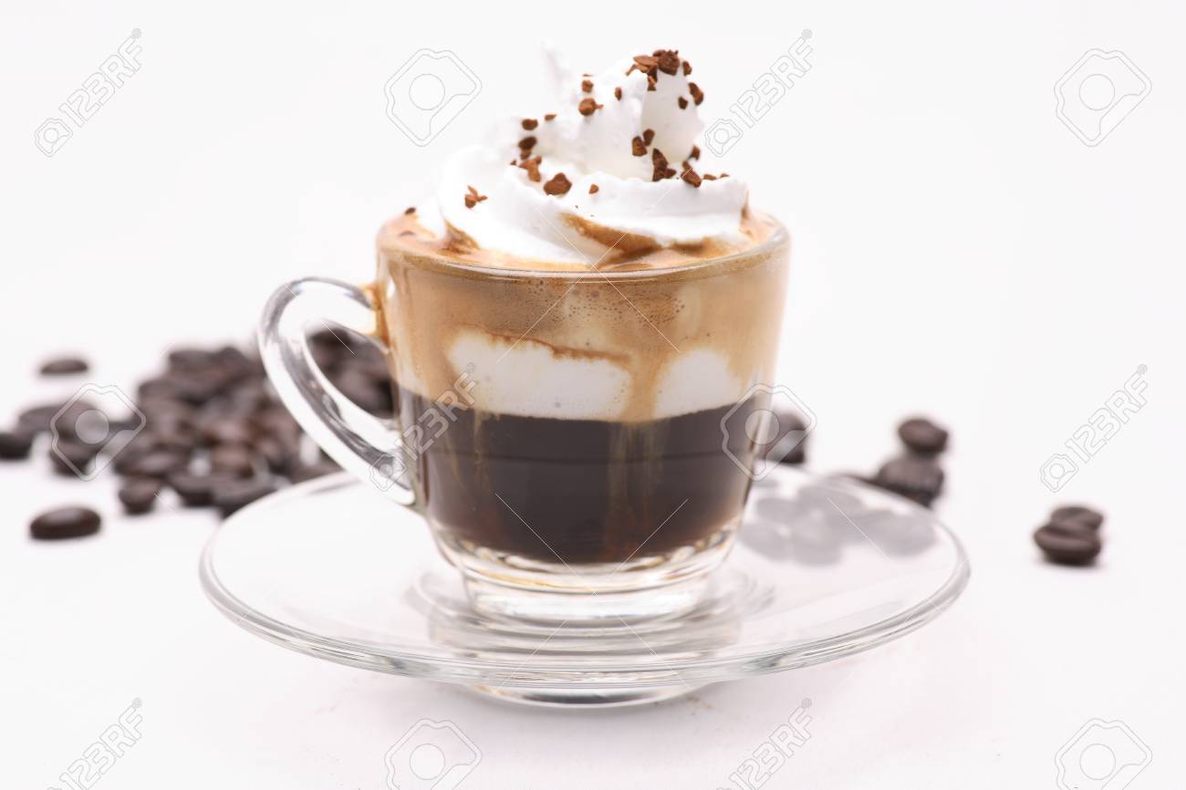 Hot Espresso Con Panna Coffy In A Clear Glass On A White Background With Coffee Beans In Studio Stock Photo Picture And Royalty Free Image Image 105405719