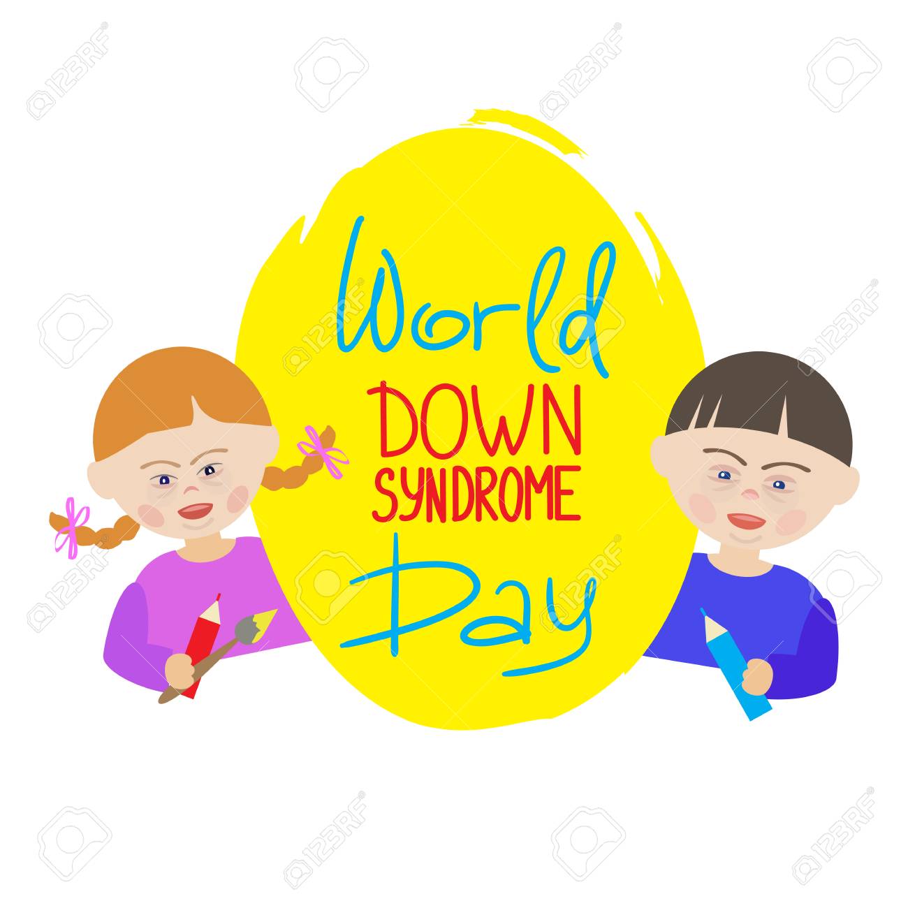 ダウン症の子供たちは 世界ダウン症 の日と言う青い看板を持っています ブックカバー パンフレット チラシ 招待状 はがき バナー イベントや活動のリストのためのイラスト のイラスト素材 ベクタ Image