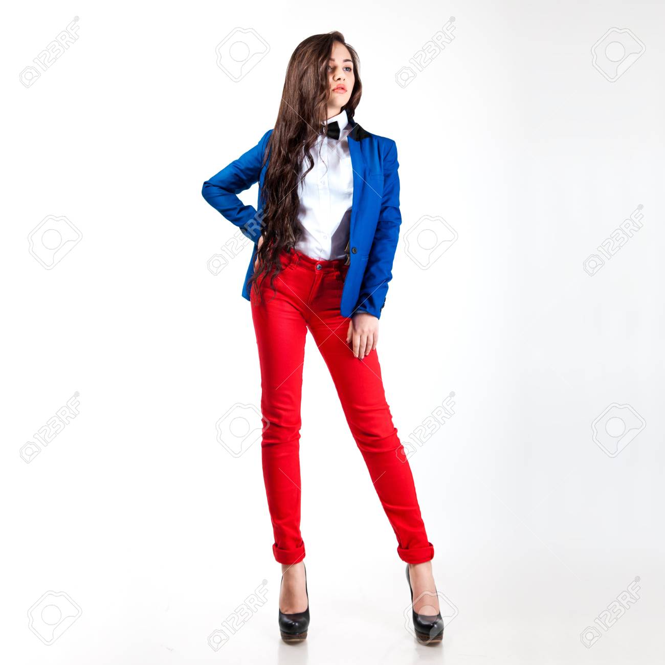 red pants blue jacket