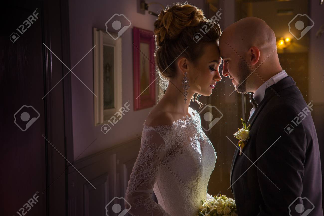 portrait of charming young jsut merried couple stock photo picture