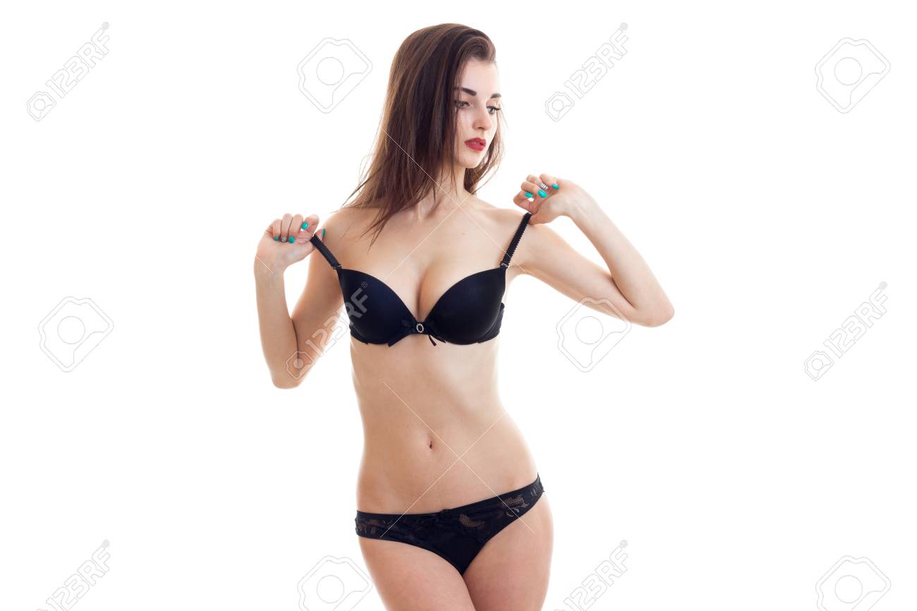 Tender Brunette With Sexy Body Poses On Cam In Black Underwear Isolated On  White Background Stock Photo, Picture and Royalty Free Image. Image  80062390.