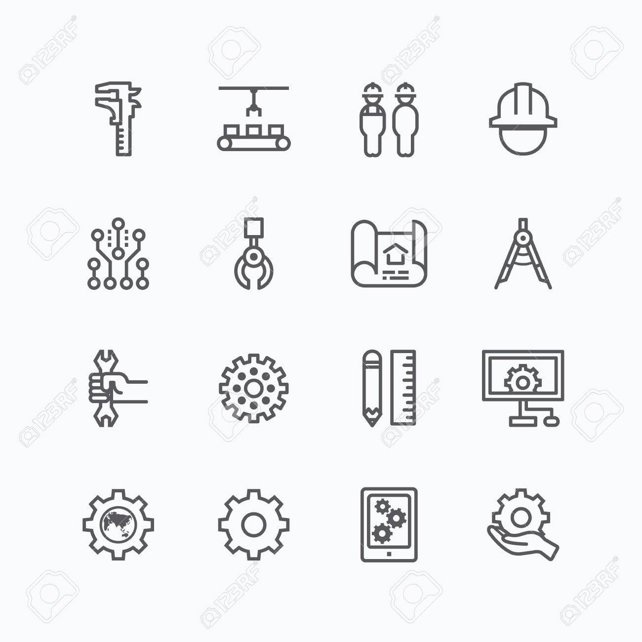 エンジニア リングと製造のシルエット アイコン設定薄いフラット ライン デザインのベクトルのイラスト素材 ベクタ Image