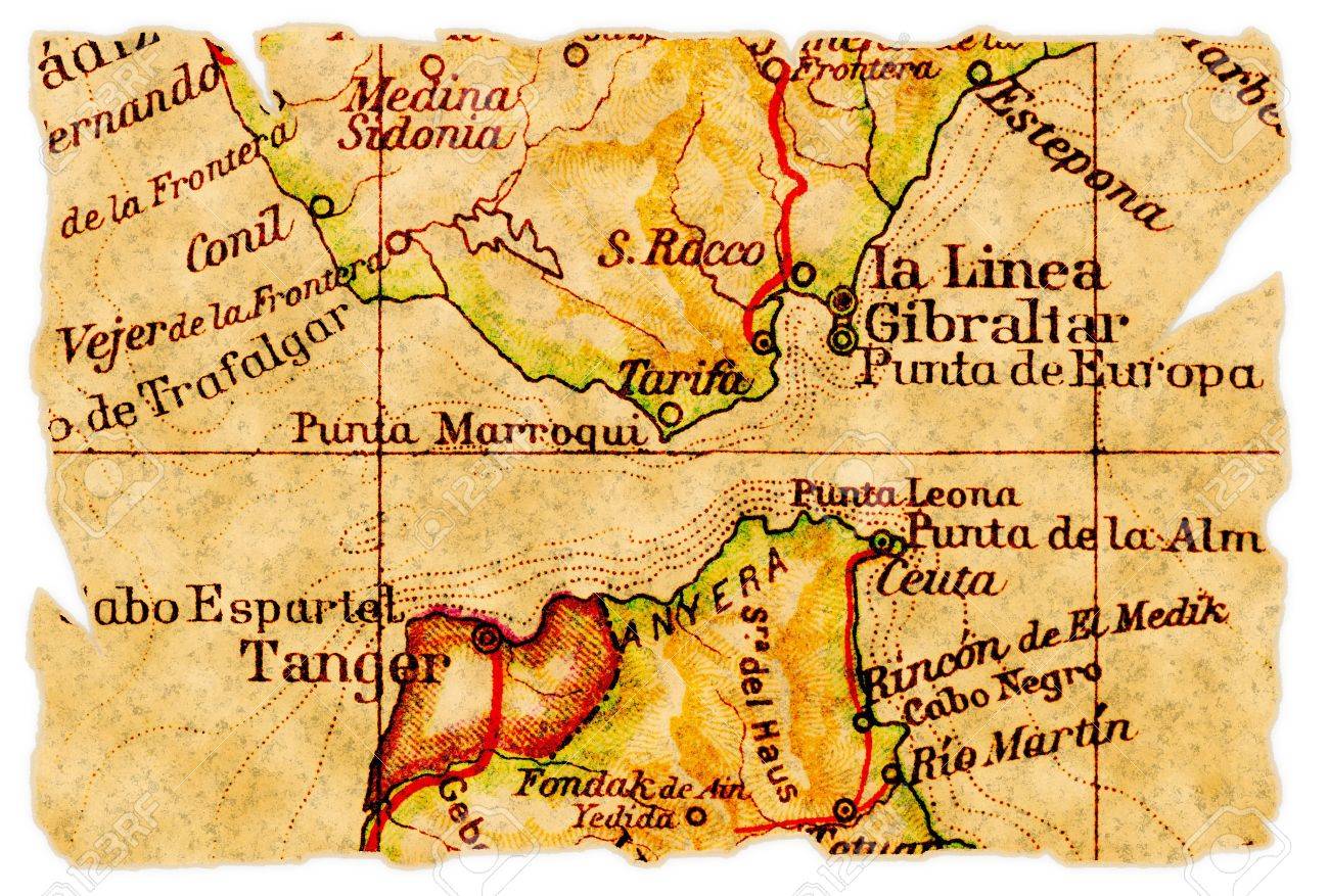Strait Of Gibraltar On An Old Torn Map From 1949 Isolated Part Strait Of Gibraltar On An Old Torn Map From 1949 Isolated Part