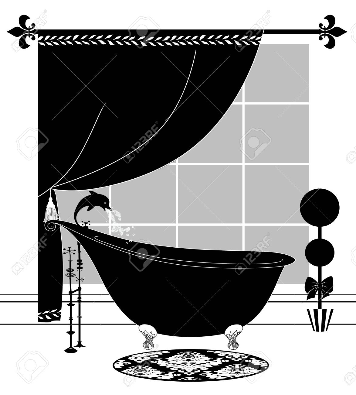 Cute black and white drawing of a chic bathroom with topiary