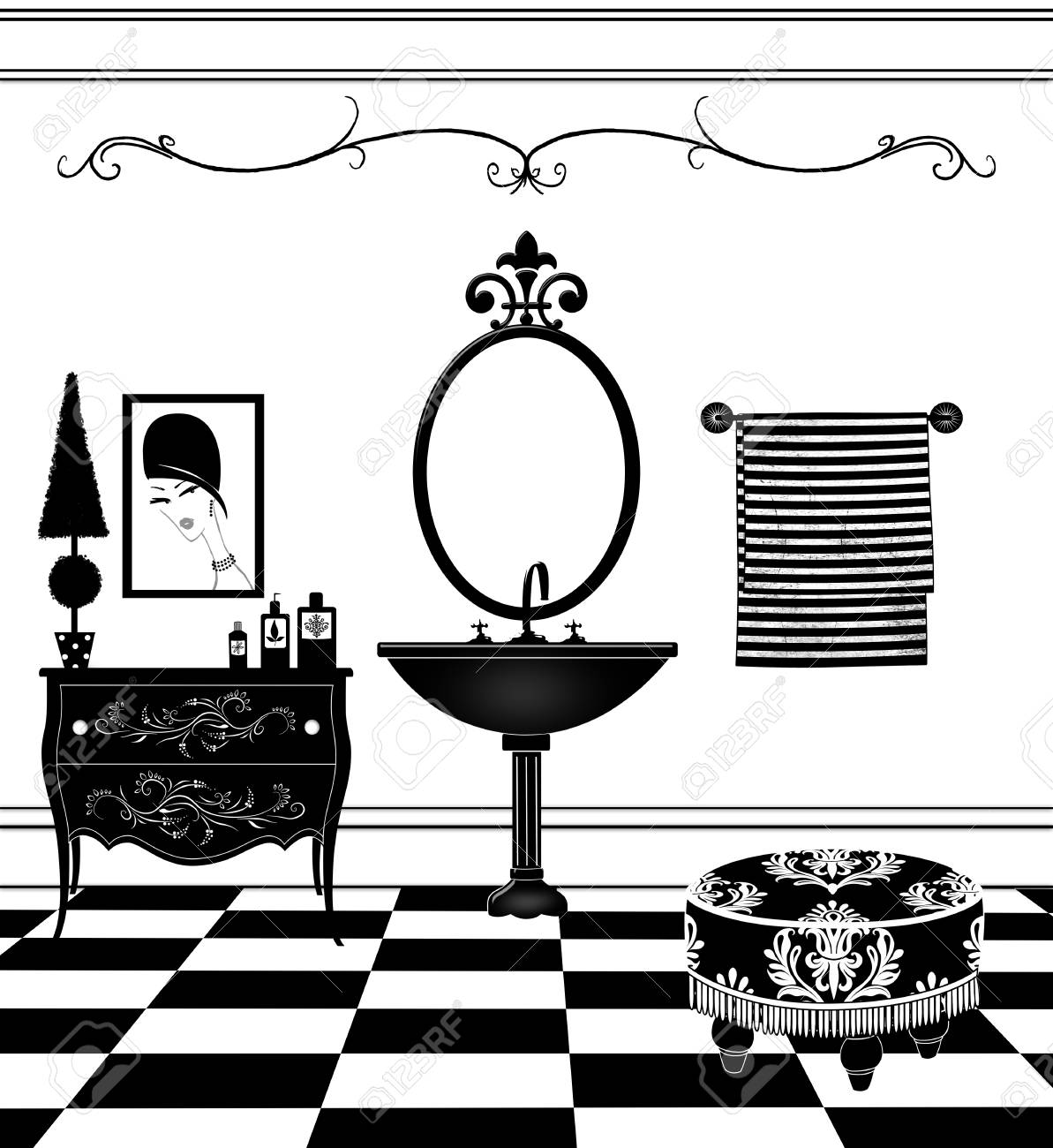 Dessin Mignon D Une Salle De Bain Noir Et Blanc Avec Lavabo Piedestal Vintage Et Ottoman Damasse Banque D Images Et Photos Libres De Droits Image 87728031 Dessin Mignon D Une Salle De Bain Noir Et Blanc Avec Lavabo Piedestal Vintage Et Ottoman Damasse Banque D Images Et Photos Libres De Droits Image 87728031