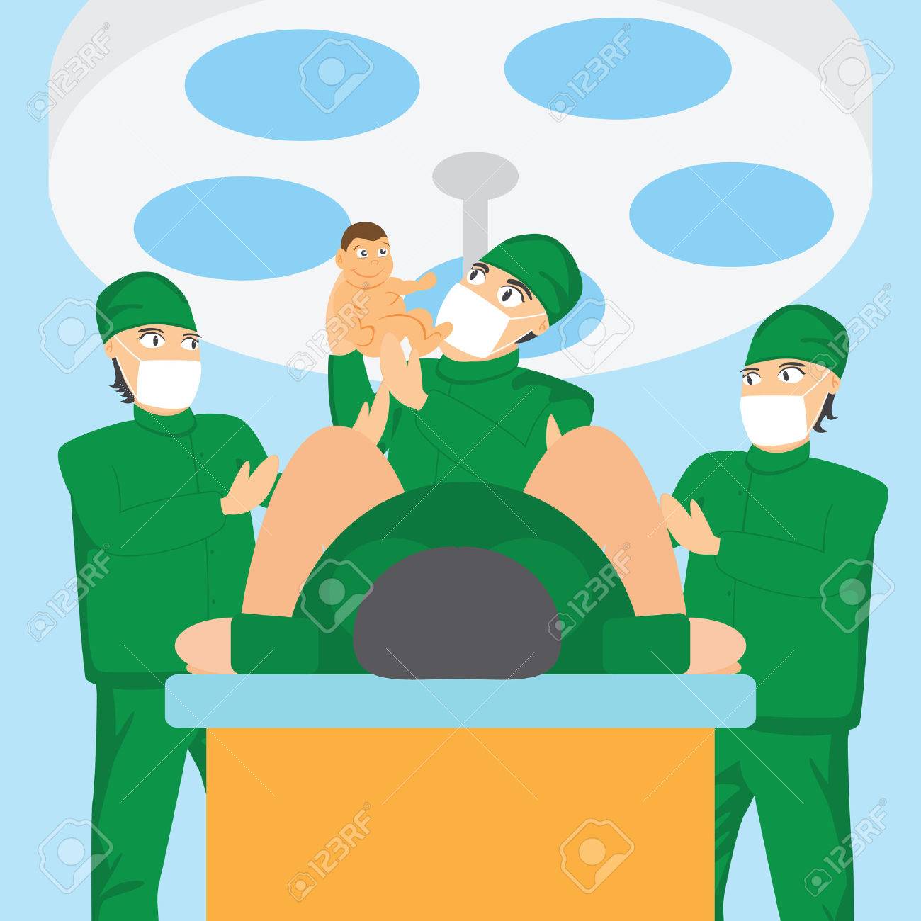 Obstetrician Team And Doctor Holding A Baby In The Delivery Room Royalty Free Cliparts Vectors And Stock Illustration Image 34041838