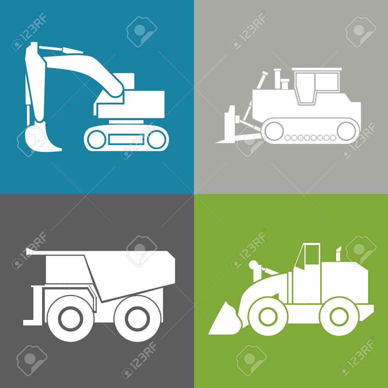 トラクター 油圧ショベル ブルドーザー クローラー 車輪 刃とバックホウの連続的なトラック イラストやアイコン 色の背景上に分離 Eps 10 ベクトル のイラスト素材 ベクタ Image
