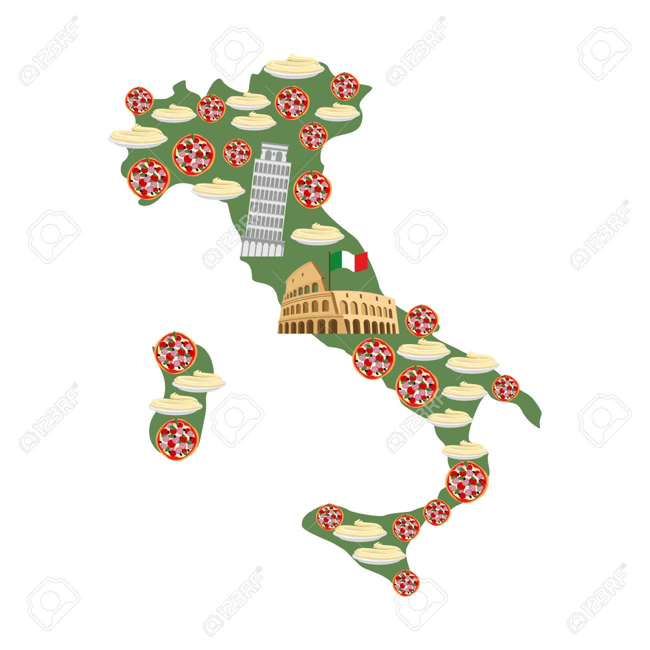 Carte De L Italie Symboles Traditionnels Italiens Alimentaires Pizzas Et Pates Alimentaires Monuments Nationaux Du Pays La Tour Penchee De Pise Le Colisee Clip Art Libres De Droits Vecteurs Et Illustration Image