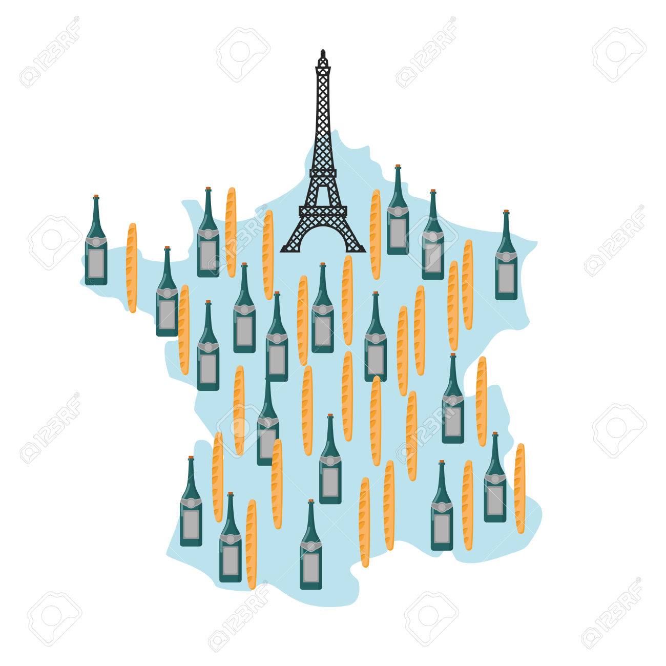 パリのエッフェル塔にフランスの地図 国立フランス料理 バゲットとフランスのワイン ヨーロッパのランドマーク 建築文化は国の記念碑 パンとアルコール 面白い観光マップのイラスト素材 ベクタ Image