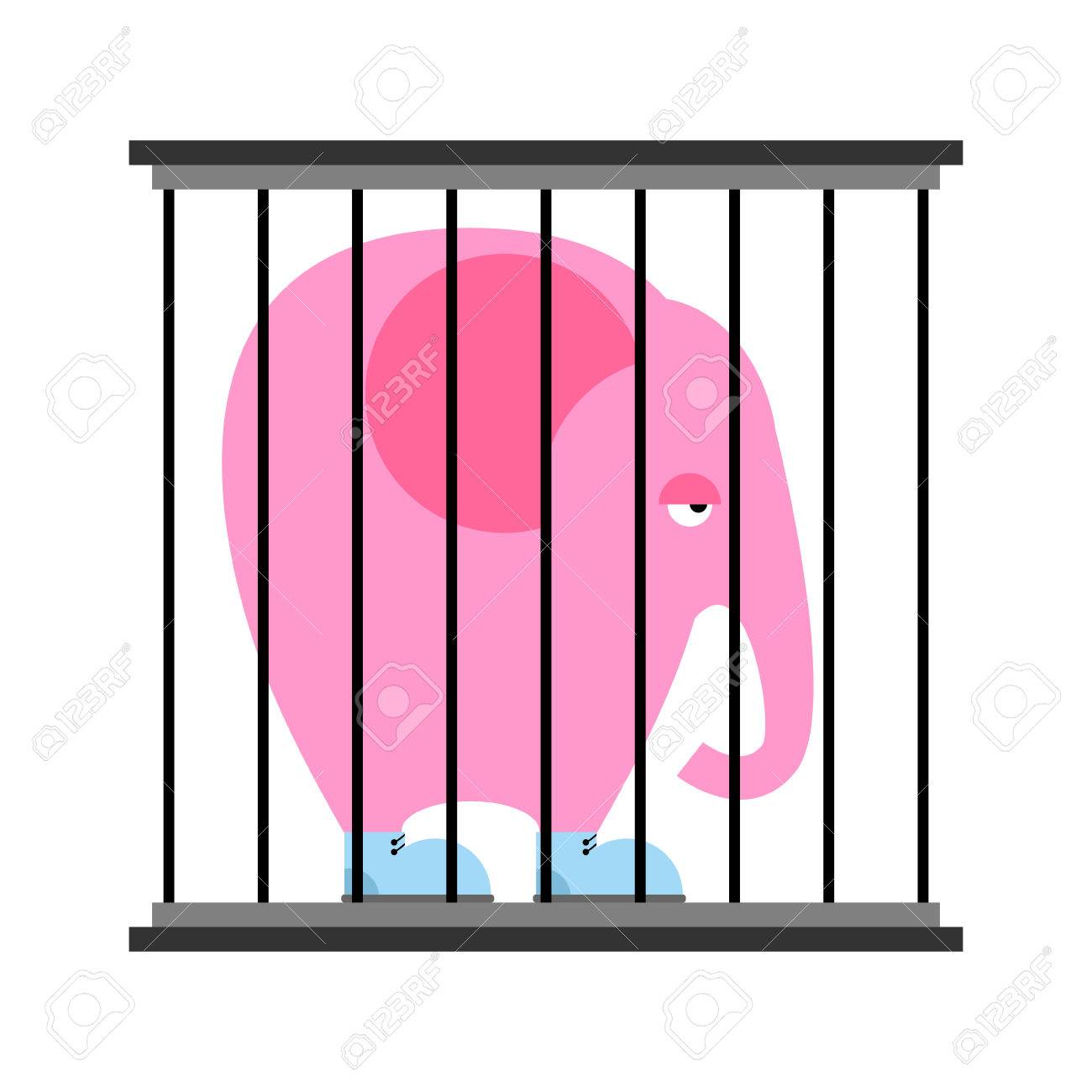 檻の中で悲しいピンクの象 バーの後ろに動物園の動物 青いスニーカー靴に大きな獣 飼育野生動物 のイラスト素材 ベクタ Image