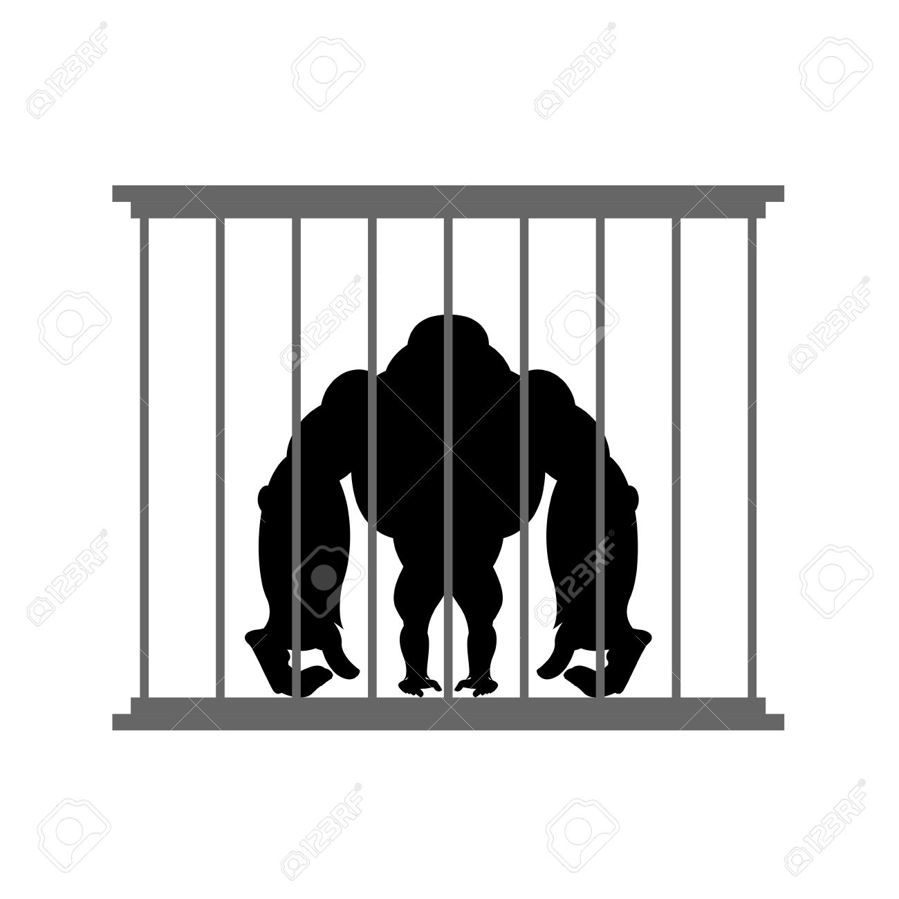 檻の中のゴリラ バーの後ろに動物園の動物 捕われの身で大きくて強い猿 捕われの身で危険な野生動物 のイラスト素材 ベクタ Image