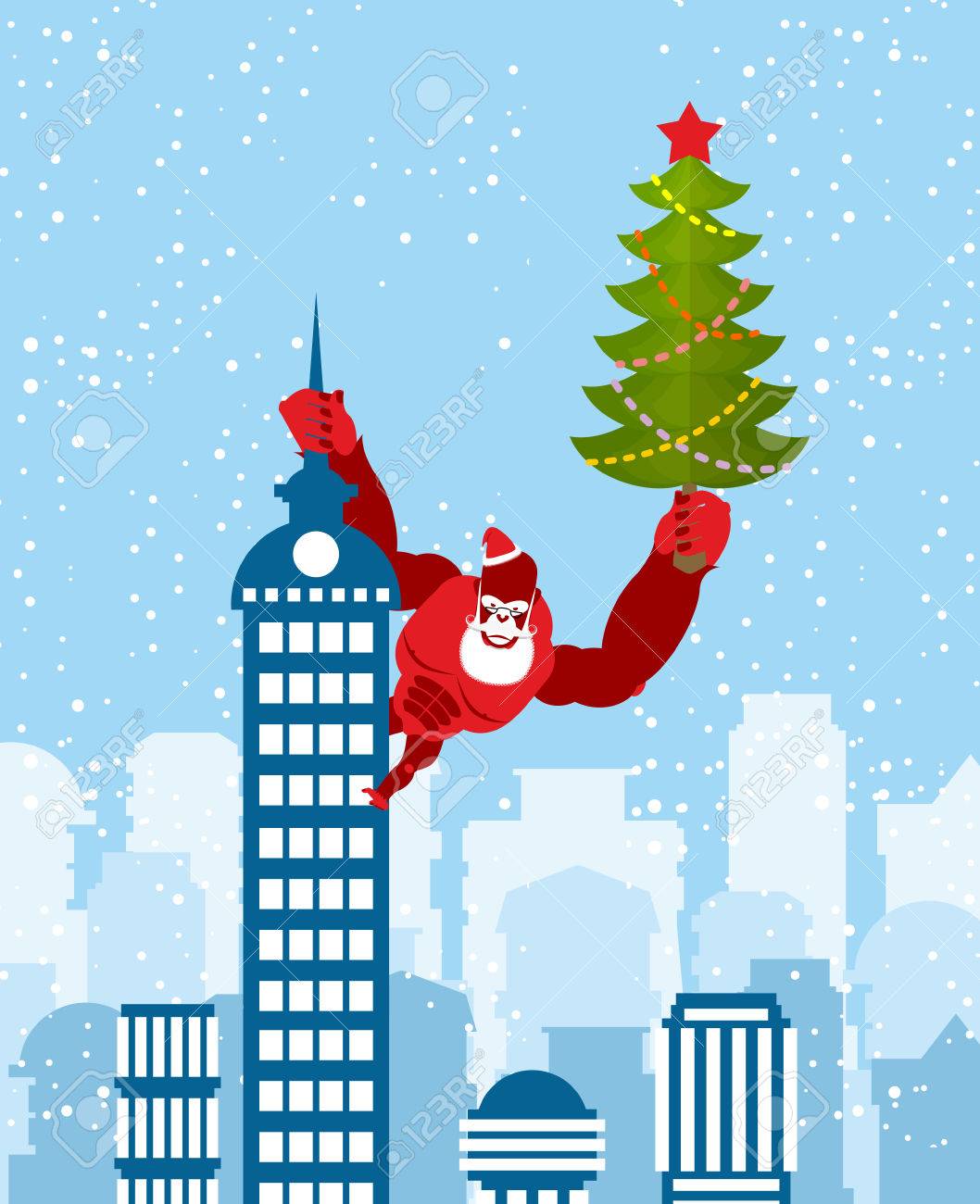 Big Red Gorilla Dressed As Santa Claus Climbs The Building With Christmas Tree In Their Hands