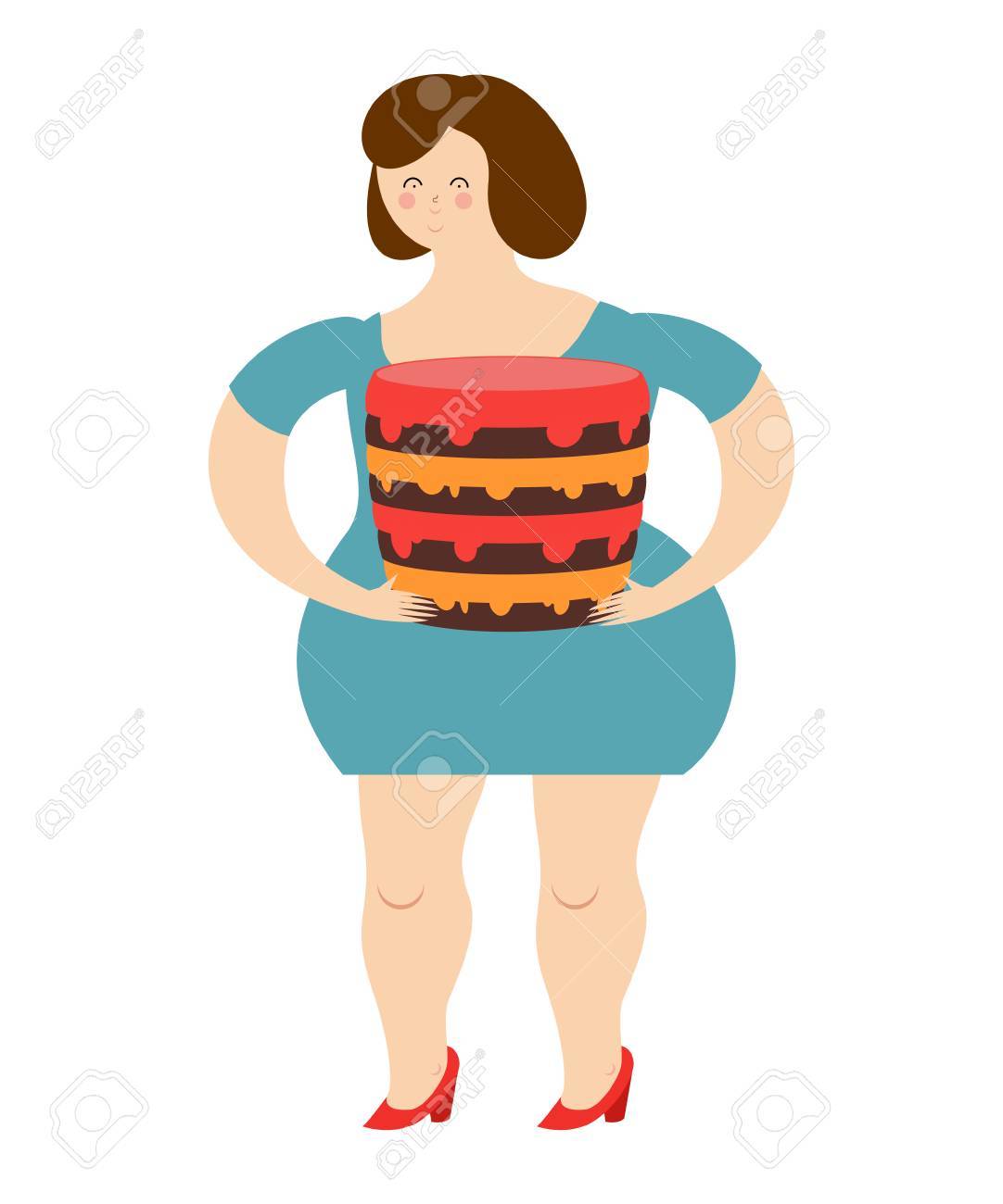 太った陽気な女性とケーキ 食べることの喜び 大きな甘い菓子製品 女の子とお菓子 ダイエットを停止します のイラスト素材 ベクタ Image